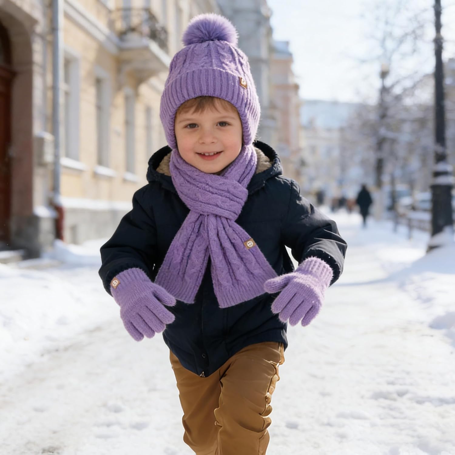 Kids Winter Hat Gloves Scarf Set for Girls Boys, Toddler Knit Beanie Hat & Pom Neck Warmer Mittens Fleece Lined Set
