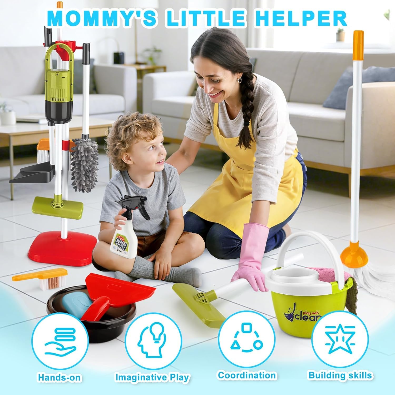 TOSUTO Aspirateur Enfant Qui Aspire Vraiment avec Fonction d'aspiration et sonore,14 Pièces Kit Menage Enfant,kit de Nettoyage,Jouet pour Enfants à partir de 3 Ans (Vert) - 3