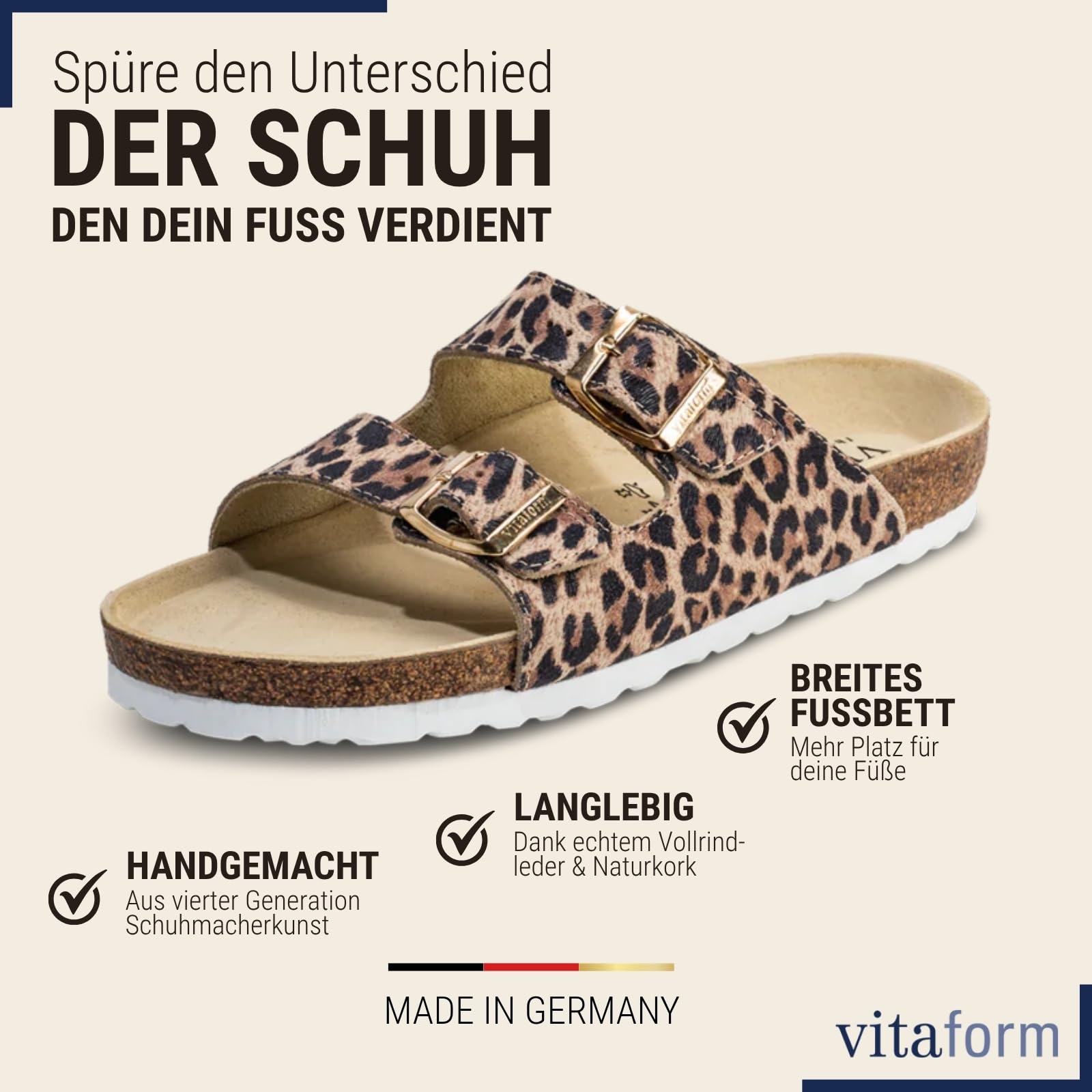 VITAFORM Pantoletten Damen Weite H Veloursleder | Sommerschuhe, Sandaletten, Sommersandalen, Naturkork-Fußbett, Komfortweite H, Größe 35-50, elegant, Handmade in Germany