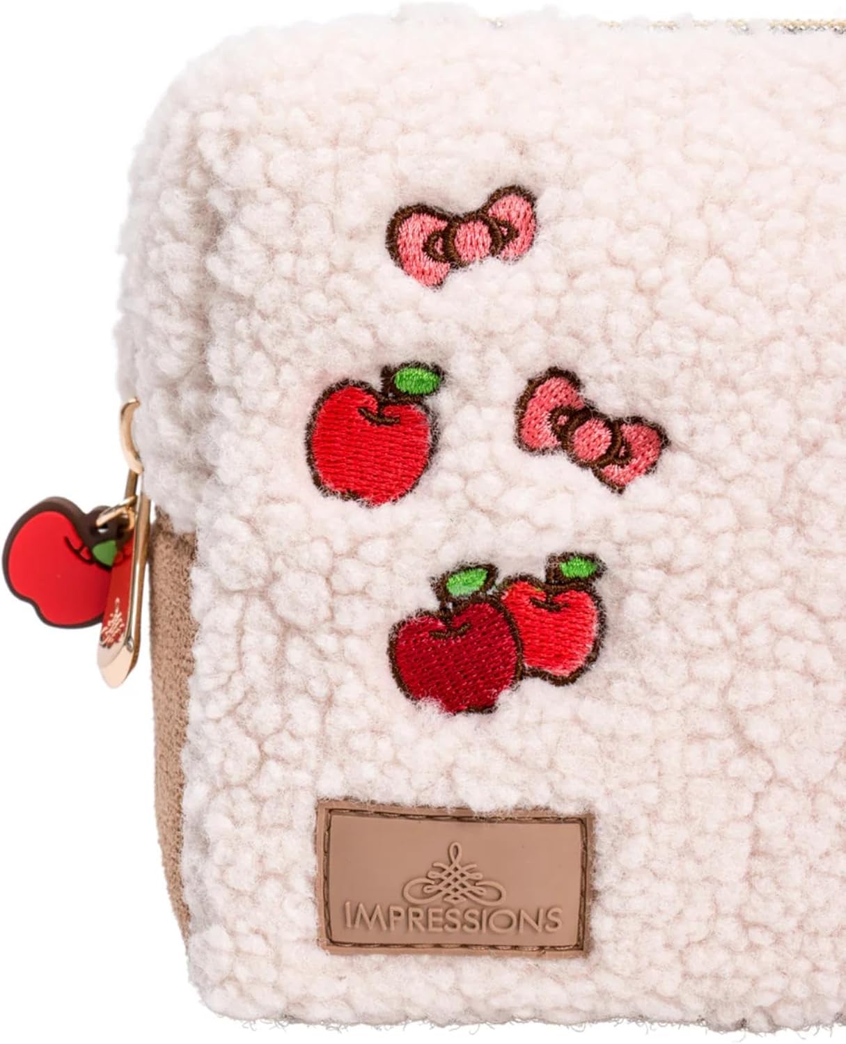 Impressions Vanity Hello Kitty Harvest Cosmetic Pouch for Purse, Travel Makeup Bag Organizer with Outer Slip Pocket, Hello Kitty Apple Artwork, Faux Sherpa, Embroidered Cursive Signature - Image 7