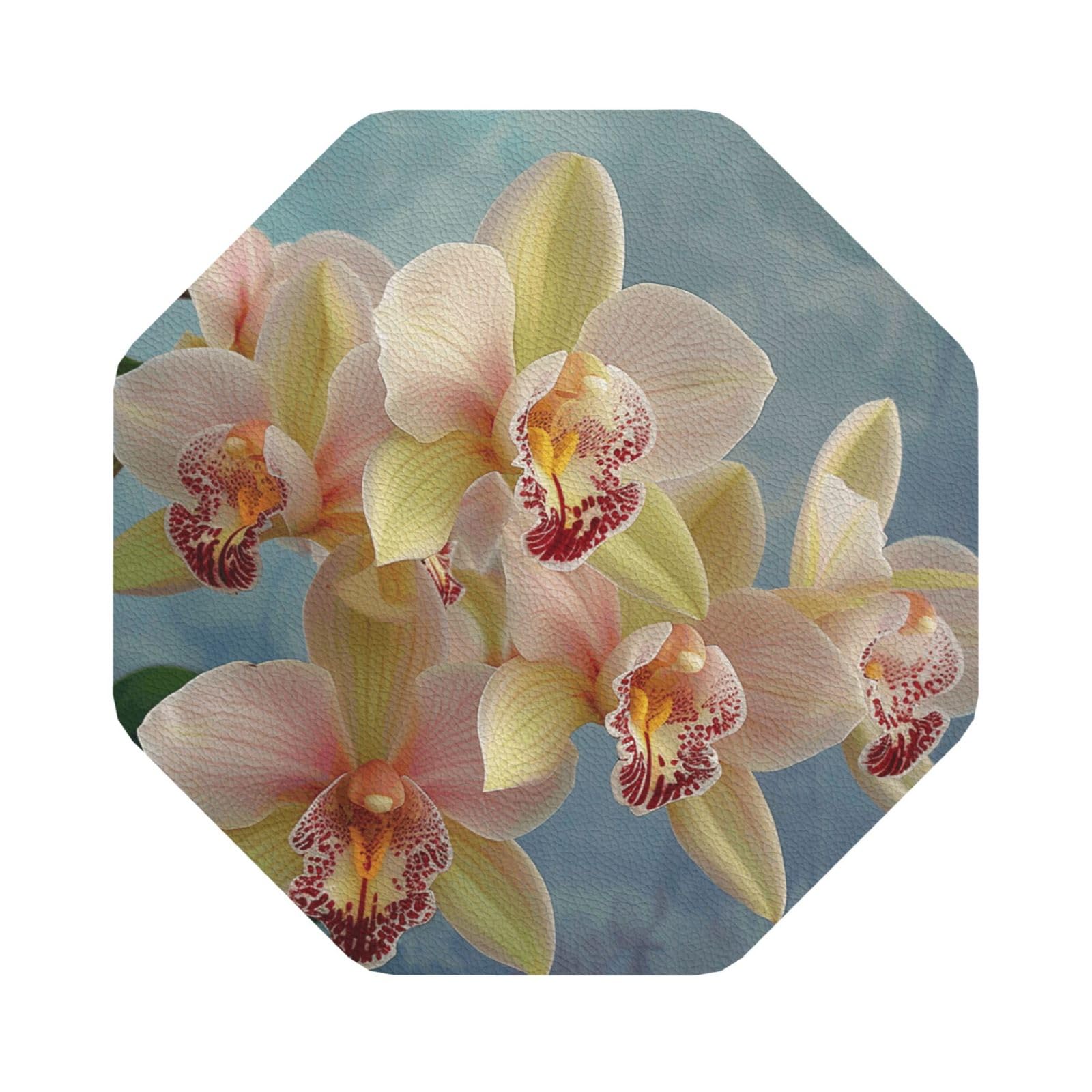 orchids Print Leather Coaster Set of 6, Octagon Coasters Table Decorative Coffee Cup Beverage Coasters Wine Beer Bar Coasters for Hot Drinks Table Protection