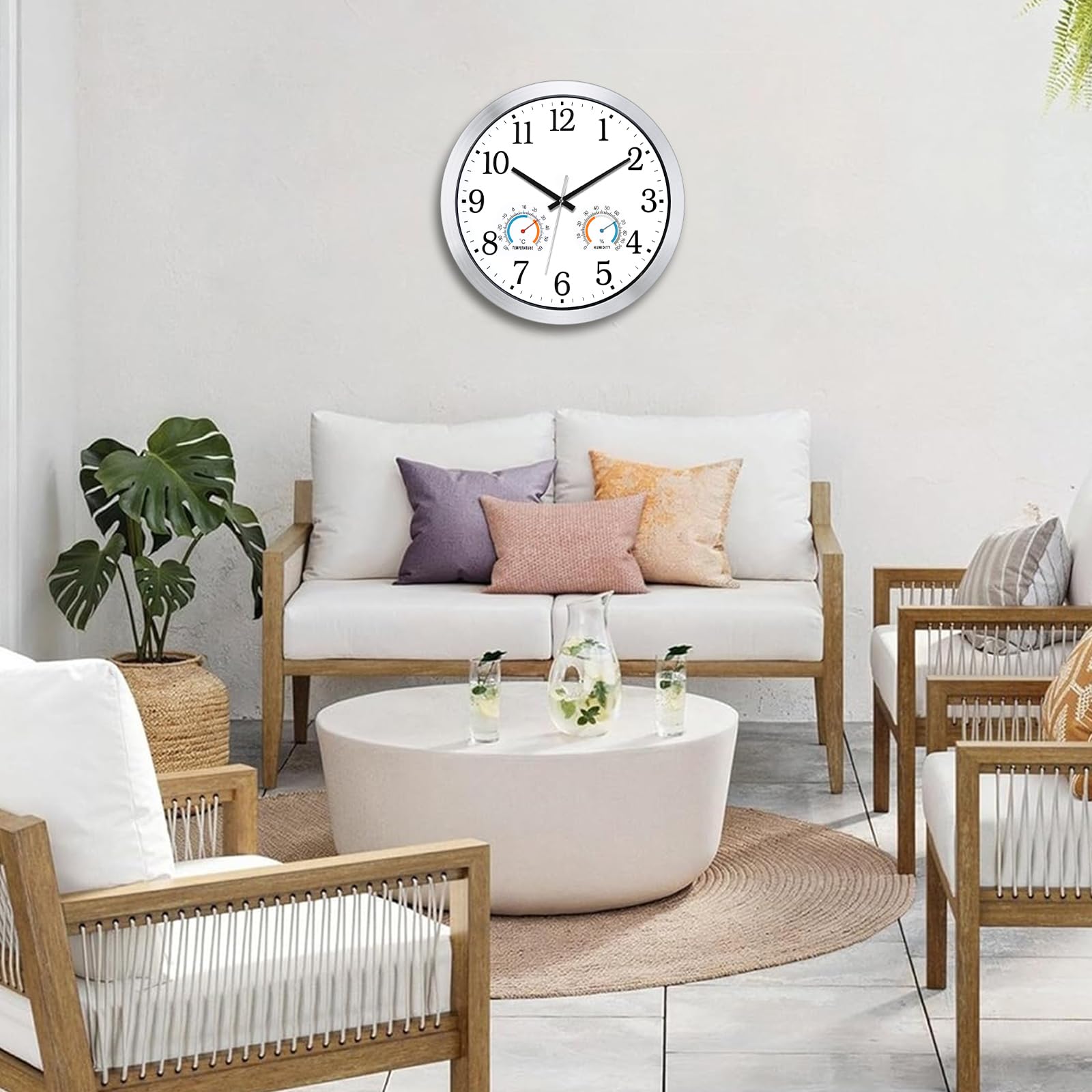Orologio da parete per esterni, 40 cm, resistente alle intemperie, con termometro e igromo, orologio da giardino silenzioso senza ticchettio, funzionamento a batteria, grande orologio per