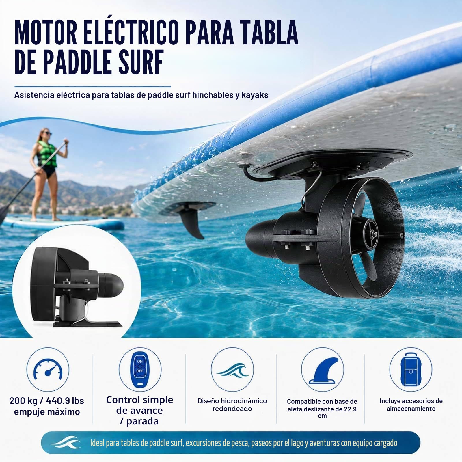 Motor Eléctrico para Sup Resistente al Viento y la Corriente, Propulsor Submarino de 12 V para Kayak y Paddle Surf, Hélice 440 Libras 216W