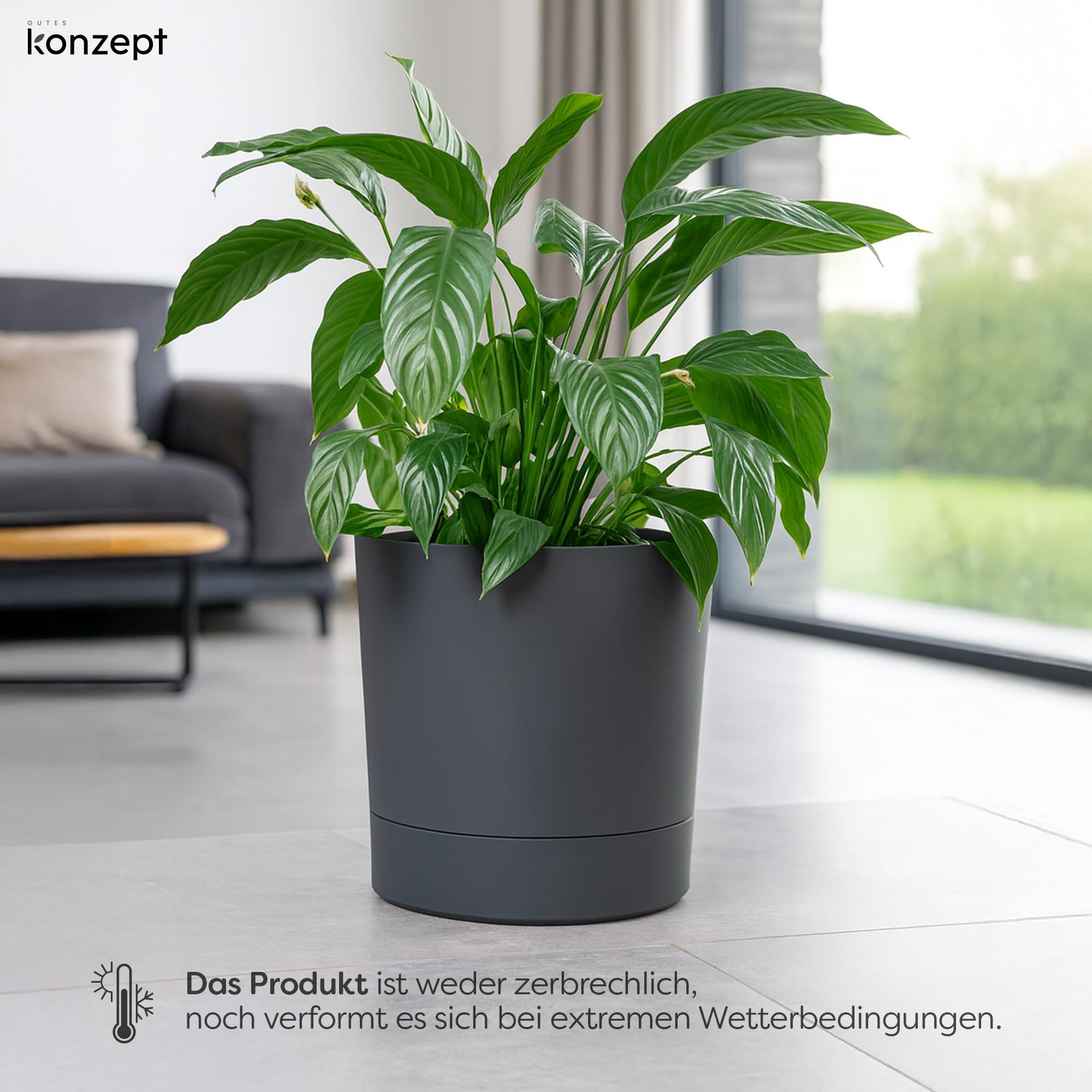 KONZEPT Blumentopf mit Untersetzer 38 cm - großer Übertopf aus Kunststoff für Zimmerpflanzen, modern und wetterfest, für Innen und Außen, Anthrazit