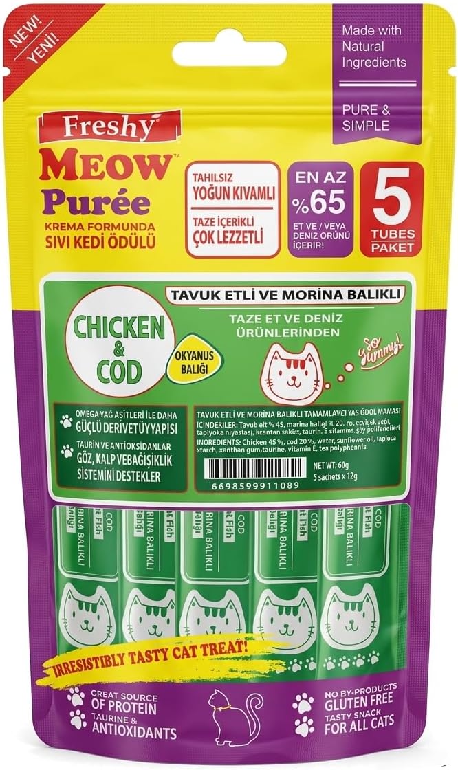 Freshy Meow Purée – Tavuklu ve Morina Balıklı Krema Formunda Sıvı Kedi Ödülü (5 x 12g)