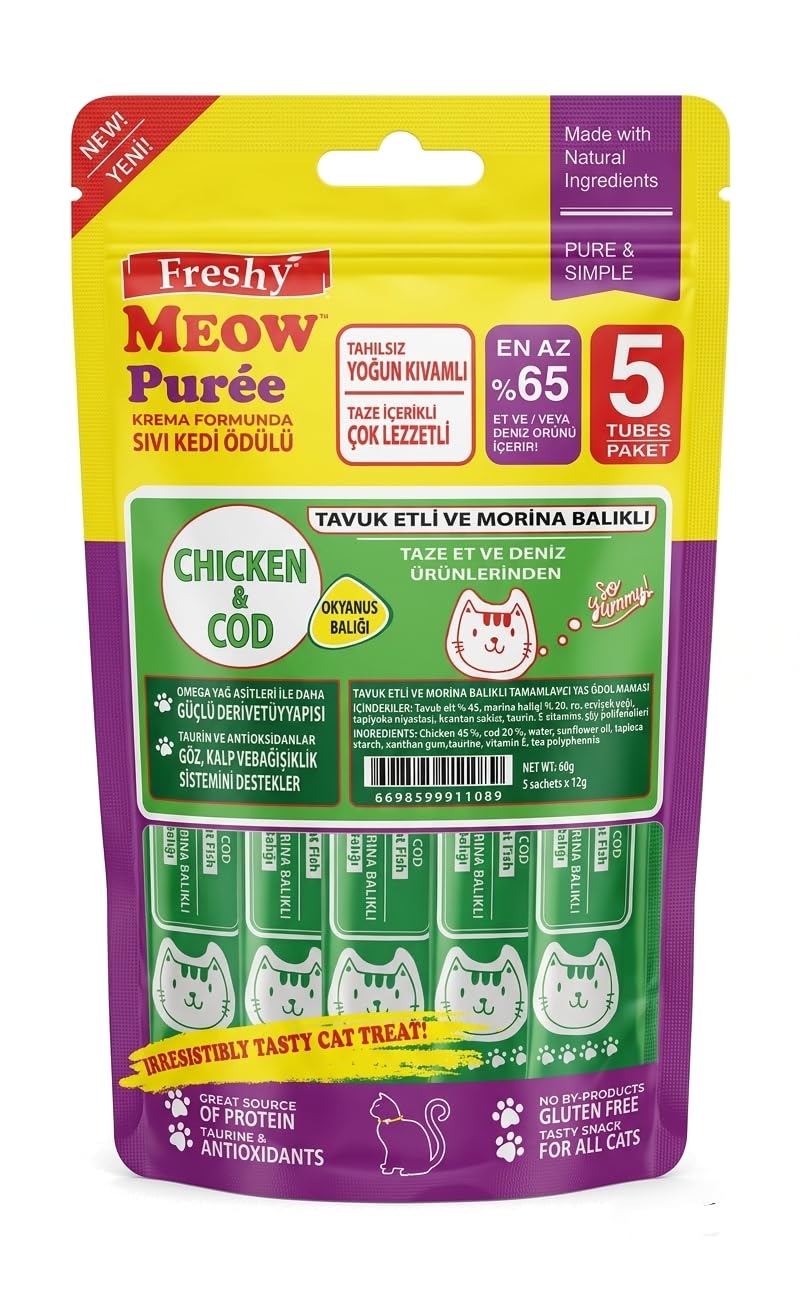 Freshy Meow Purée – Tavuklu ve Morina Balıklı Krema Formunda Sıvı Kedi Ödülü (5 x 12g)