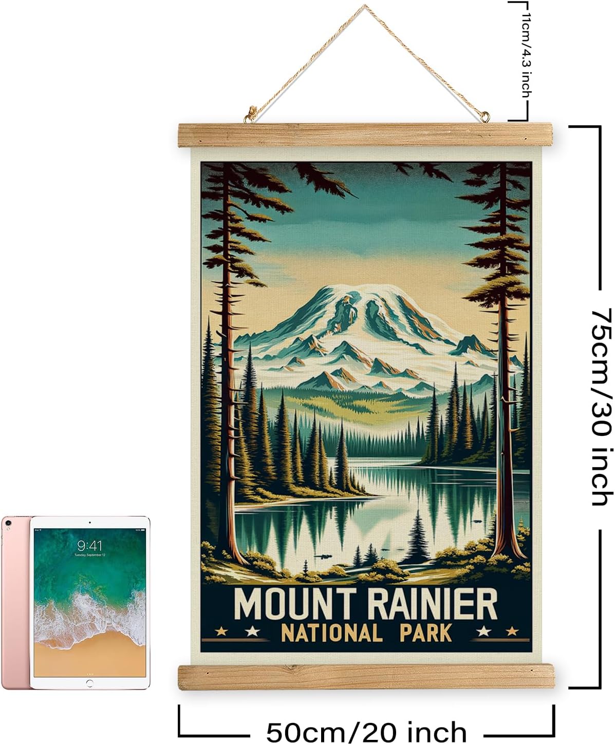 XIAOAIKA Vintage Mount Rainier National Park Travel Poster with Wooden Scroll Frame – Holiday Decoration or Gift for Living Room, Bedroom, Office Wall Decor, Retro Art Print 20 x 30 Inches