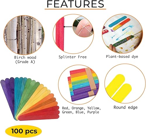Miniatura 3 de Apremont 100 palitos de madera de colores jumbo surtidos de 6 pulgadas de largo, palitos de paletas de arco iris, artes y manualidades, lo mejor