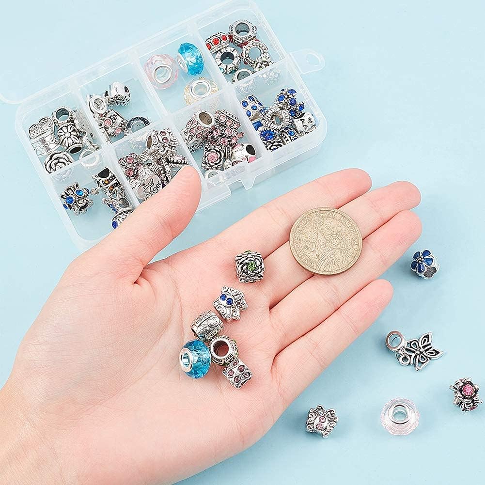 PH PandaHall 60 Pcs Murano Glass Beads Rhinestone Spacers Metal European Beads with 1 Pack European Charm Bracelet Stainless Steel Snake Chain for Bracelet DIY Jewelry Making