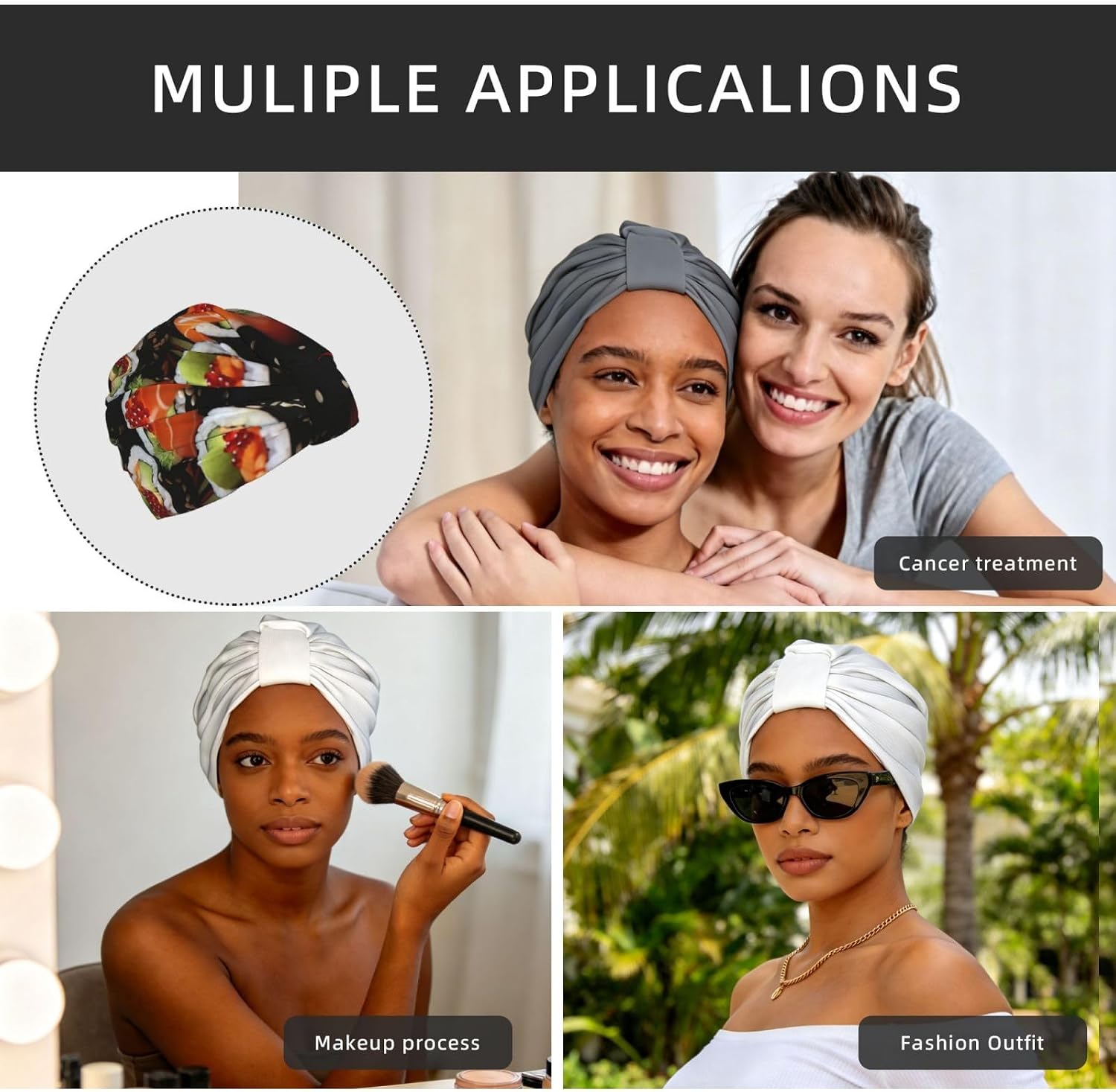 Japanese Sushi Shrimp Comfortable Pre-Tied Turban Headwrap - African Style Elastic Beanie For Chemo Patients, Adjustable Hair Cover Scarf For Yoga, Running, Or Daily Fashion image 5
