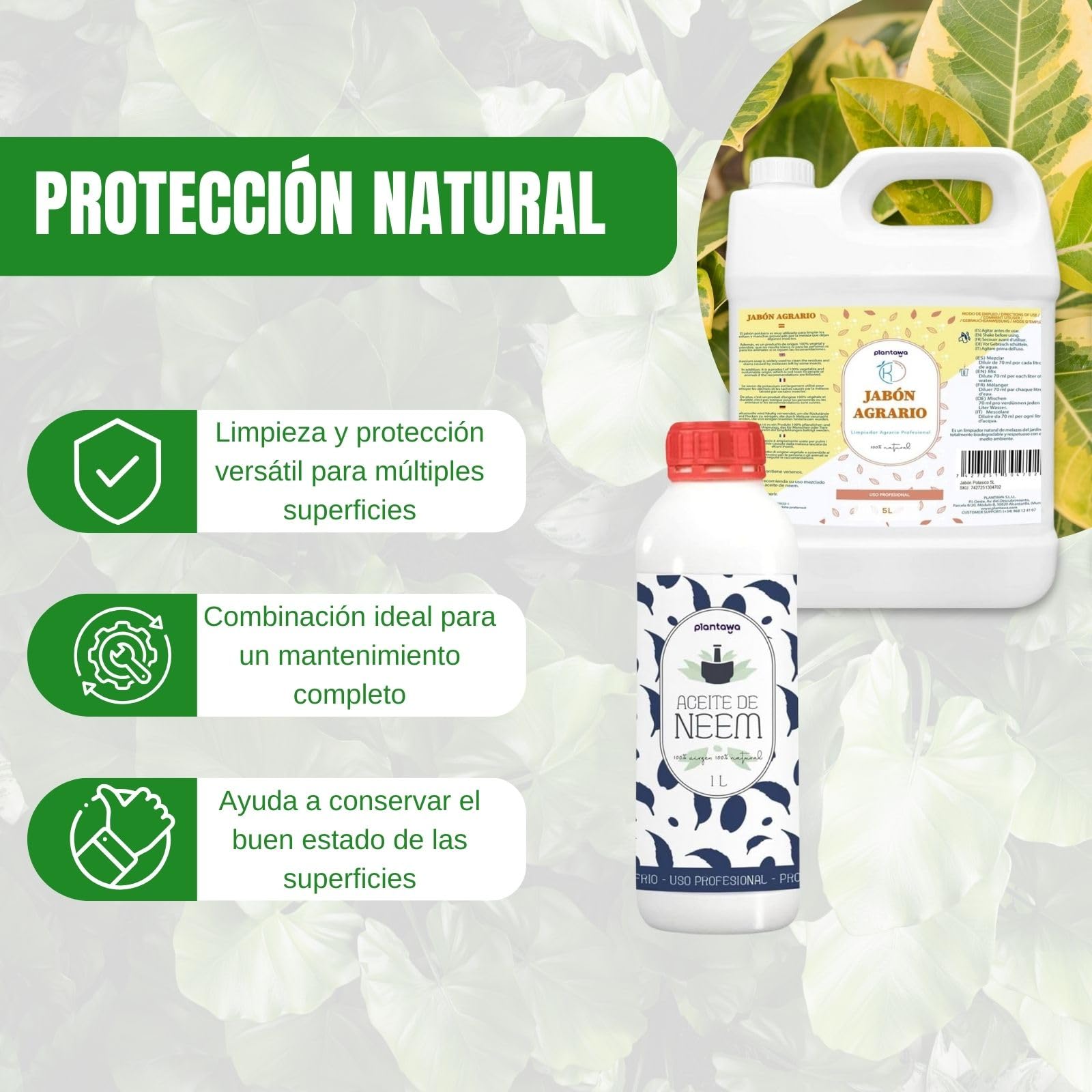 PLANTAWA Pack Jabón Potásico 5L + Aceite de Neem 1L | Solución Multiusos | Fácil Aplicación y Máxima Eficacia | Versátil | Uso en Interior y Exterior | Productos de origen natural