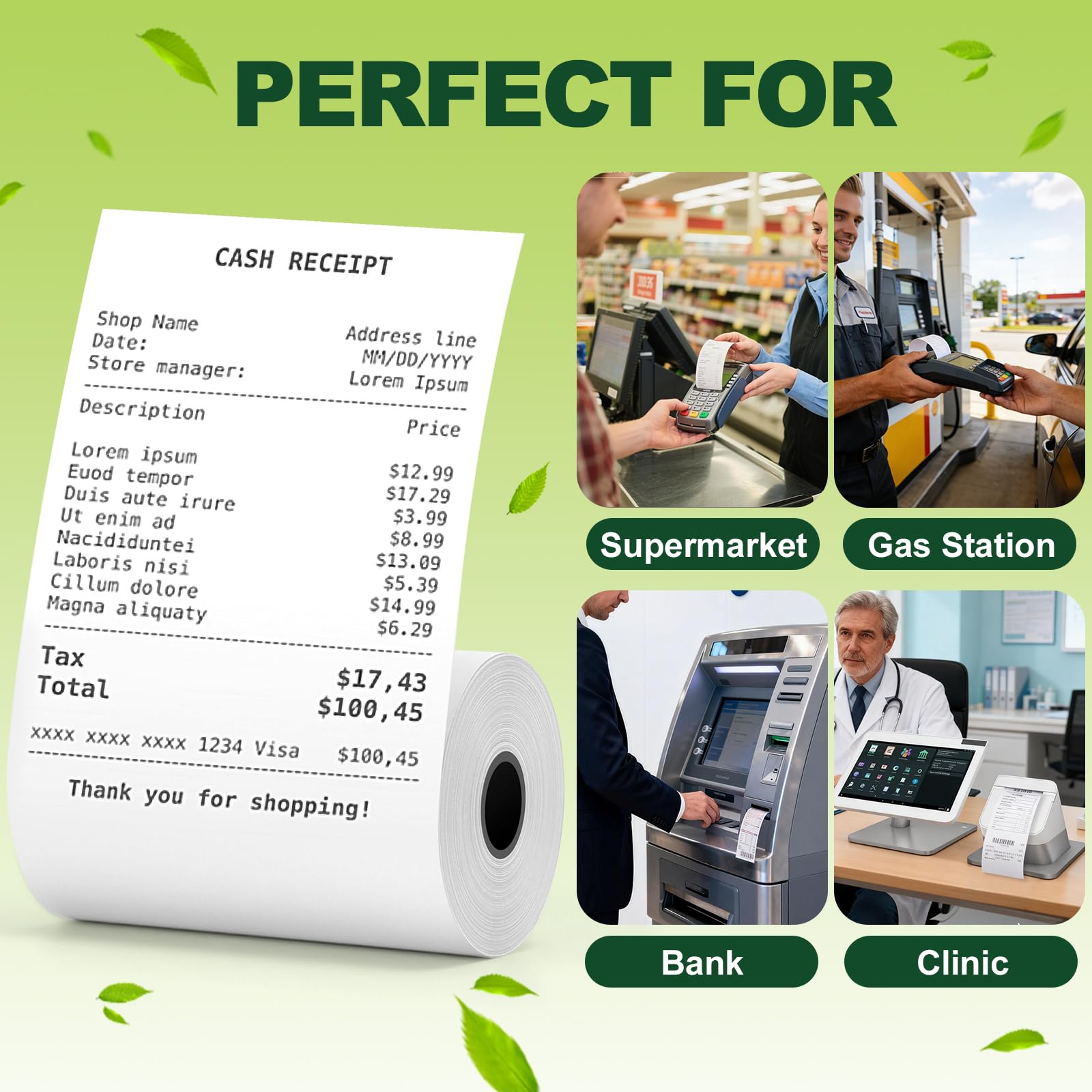 TUXIYA Thermopapier-Rollen, 12 Rollen Thermodruckerpapier, BPA-freie Thermopapierrollen, passend für alle 58 mm Thermo-POS-Drucker, hochwertige Quittungspapierrollen, 6,4 x 15,7 m, 12 Rollen