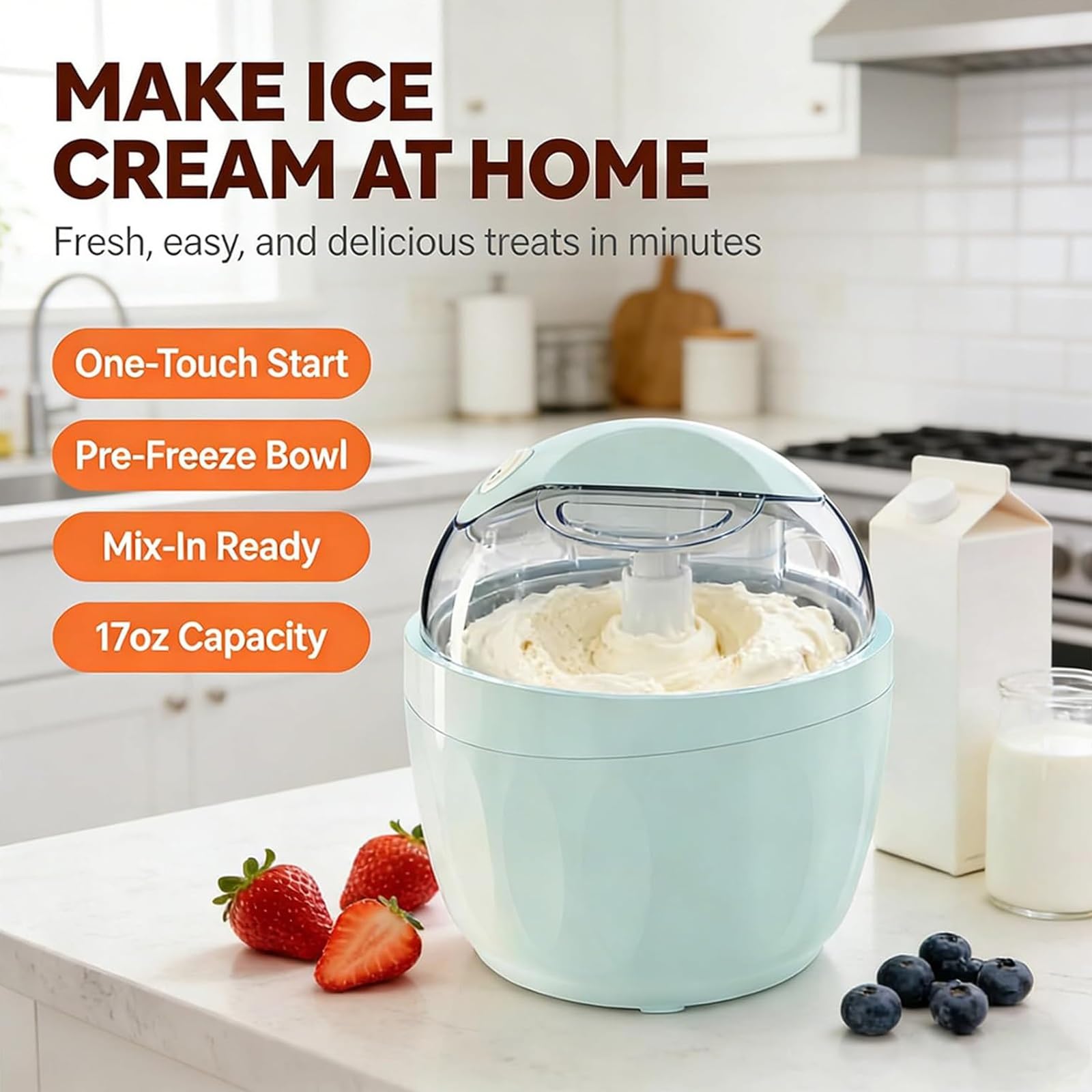 Kleiner Mini-Eismaschine Für Zuhause – Persönlicher Eisbereiter Für Einzelportionen: Mini-Eismaschine Für Selbstgemachtes Frozen Yogurt & Sorbet – Mit Gefrierschüssel Für Individuelle(Blue)