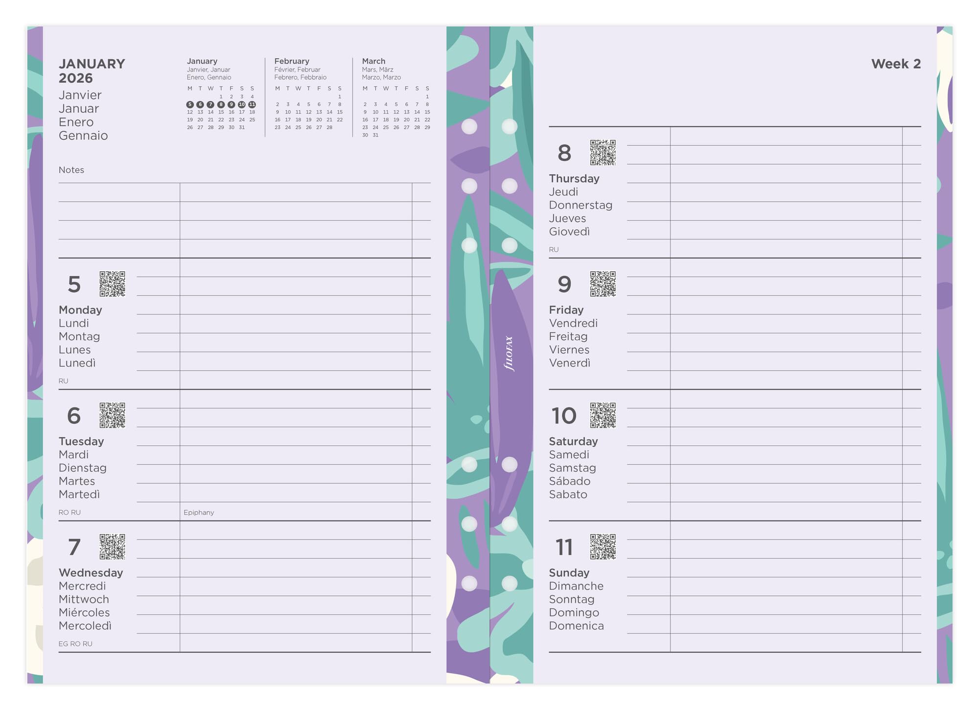 Filofax Agenda 2026 26-6351 A5 - Motif floral - Semaine sur 2 pages - 5 langues