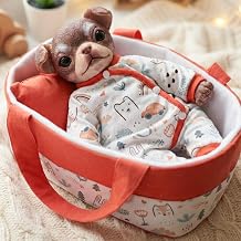 14 Inch Realistic Puppy Doll with Bassinet, Outfit & Accessories | Lifelike cute puppy doll with soft outfit and carrier bassinet for pretend care, gifting and animal baby doll collectors
