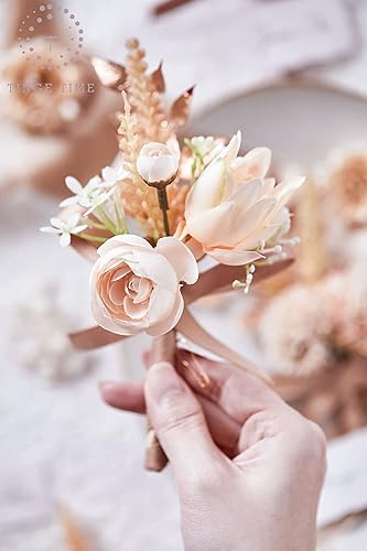 Miniatura 4 de TINGE TIME Boutonniere de 2 piezas para hombres, novios y padrinos de boda para boda, baile, regreso a casa, aniversario, graduación (blanco), Seda