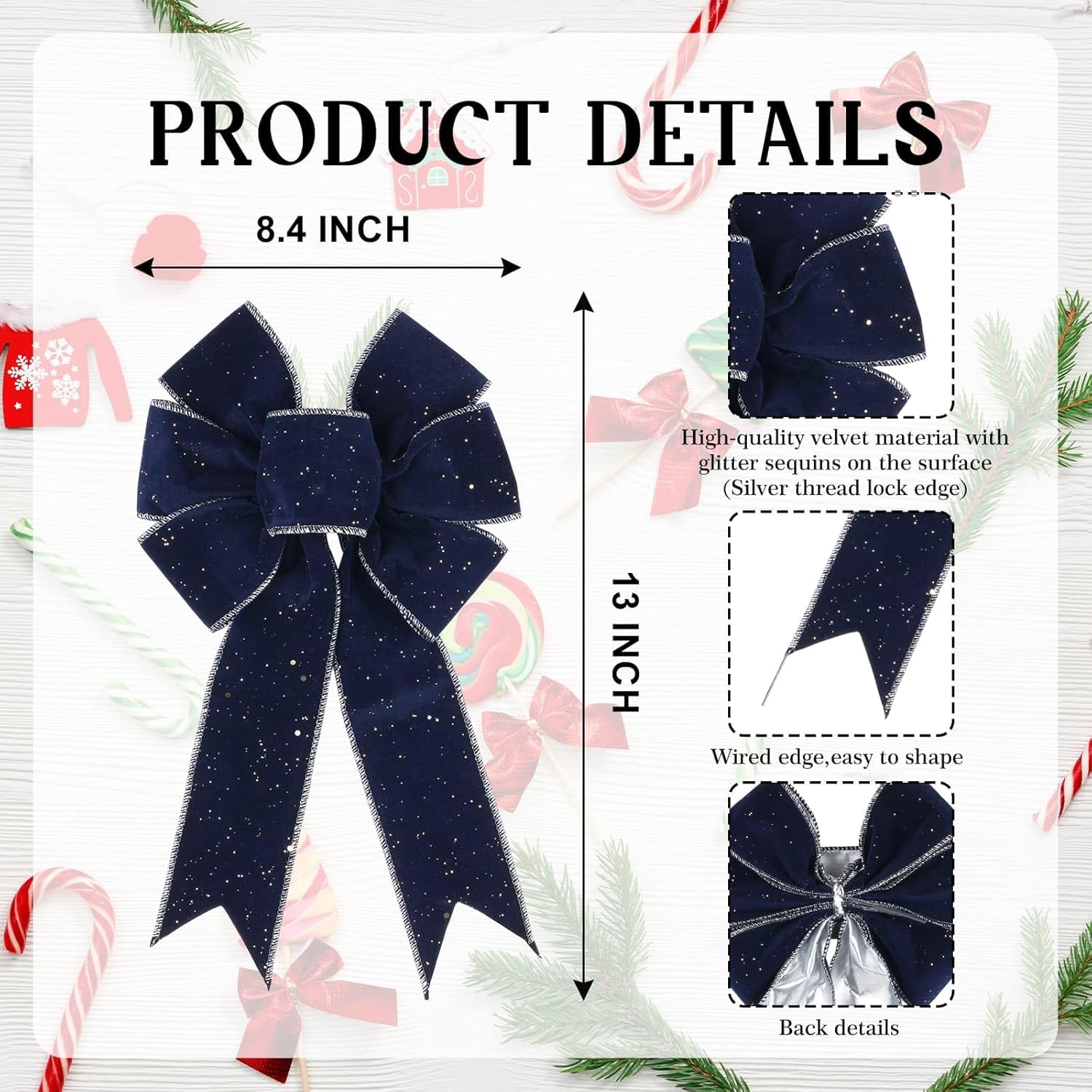 Navy Blue Velvet Christmas Bow for Tree Decoration - Holiday Wreath Bows Xmas Tree Topper Ornament Indoor Outdoor Home Decor 13"x8" Winter Festival Decor - Image 2