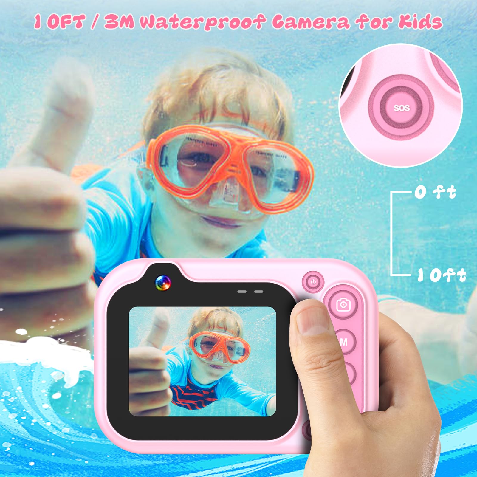 Appareil Photo Numérique Etanche 10FT 1080P Full HD 26MP Caméra Étanche, 10X Zoom Numérique Camera Etanche pour Plongée en Apnée, Selfies sous-Marins, Natation, Plage, Parc Aquatique - Rose