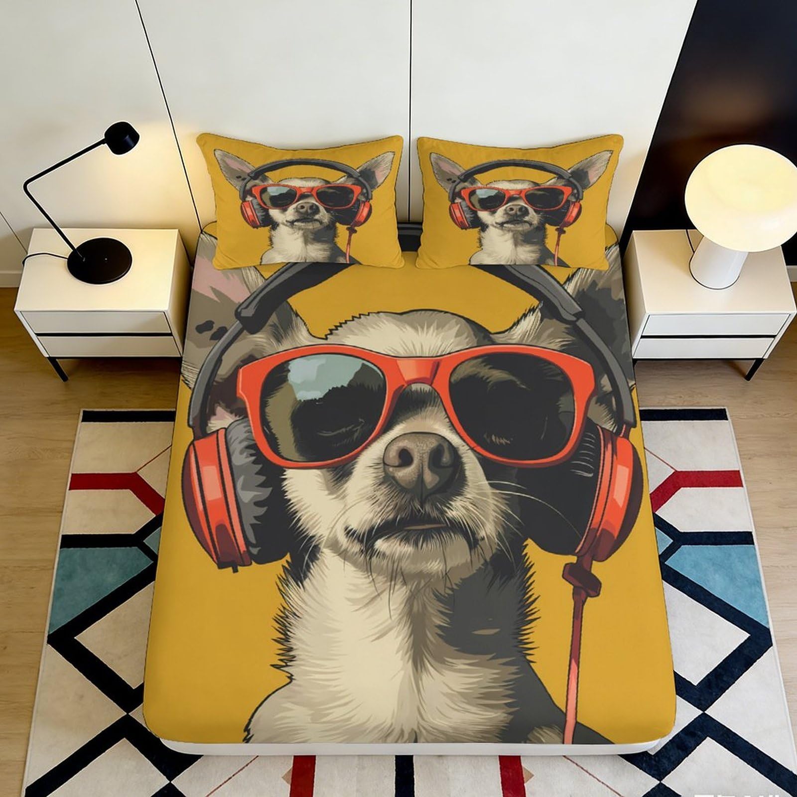 3D Printed Cool Dog Headphones Fitted Sheet Microfiber Soft Anti-slip Animal Mattress Cover for Bedroom Dorm Decor 90x200x25cm