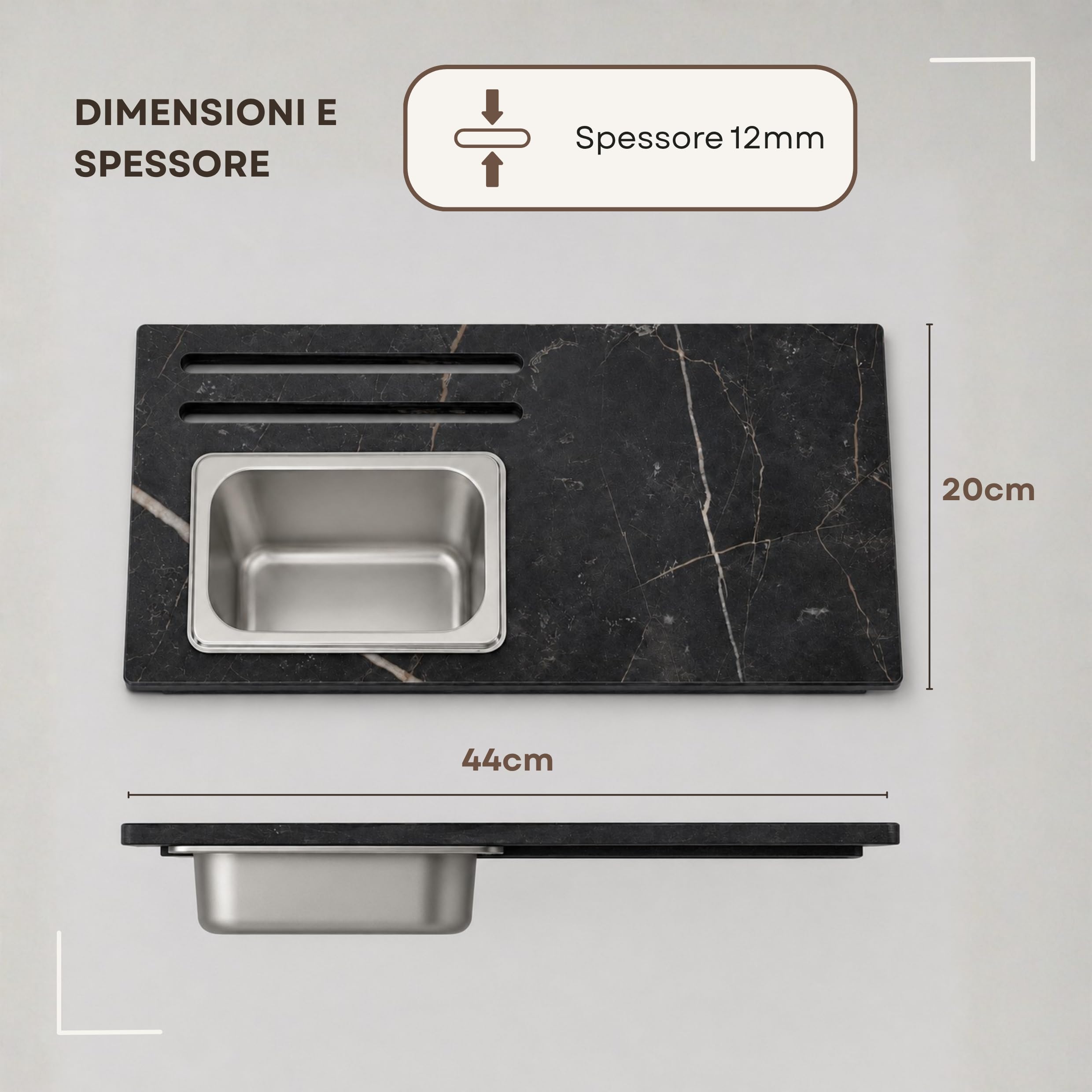 Tagliere da Lavabo in HPL 12mm Effetto Marmo Nero Design Moderno | Taglieri per Lavandino Antibatterico e Antigraffio con Vaschetta Contenitore Rimovibile per Alimenti Made in Italy