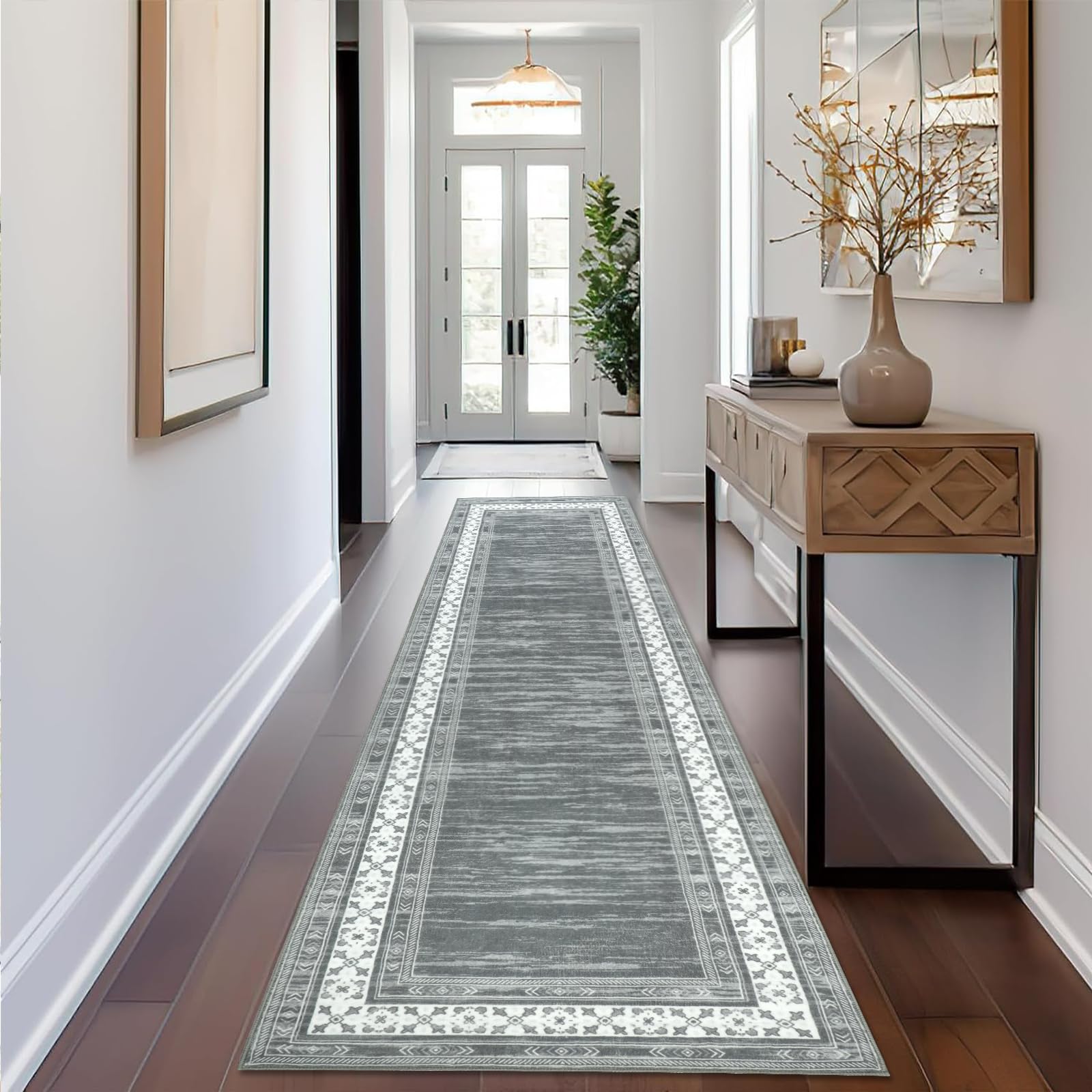 Läufer Teppich für Flur Waschbarer Kurzflor Teppich mit rutschfestem Gummirücken Modern Küchenläufer für Eingangsbereich, Waschküche & Wohnhausflur 80x300cm