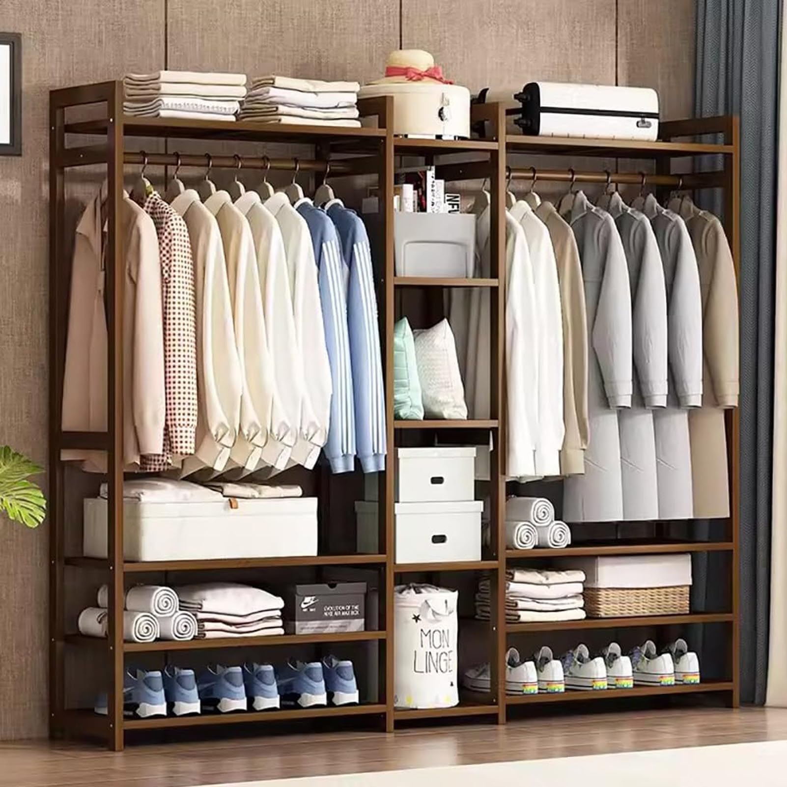 Pnpaea Garment Rack Storage Shelves Back and Tidy Rail, Bamboo Clothes Rail, Open Wardrobe Closet, Clothing Standing Rack for Bedroom Hallway Entryway D(170mm)