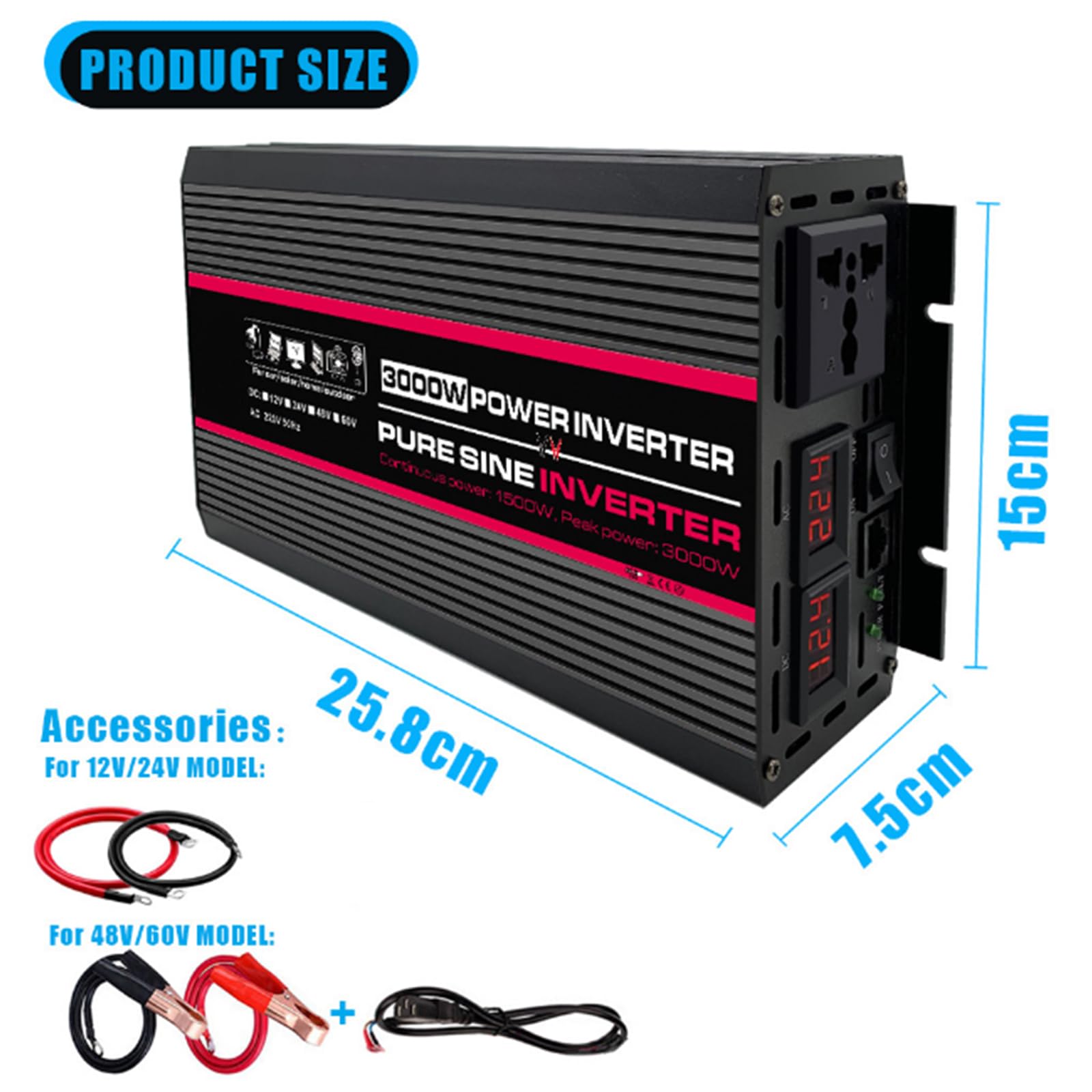 Hohe Effizienz 3000W Reine Sinuswelle Power Inverter DC 12V-60V Zu AC 220V/ 110V Konverter Solar Power Inverter mit AC Ausgänge & LCD Display,24v to 110v