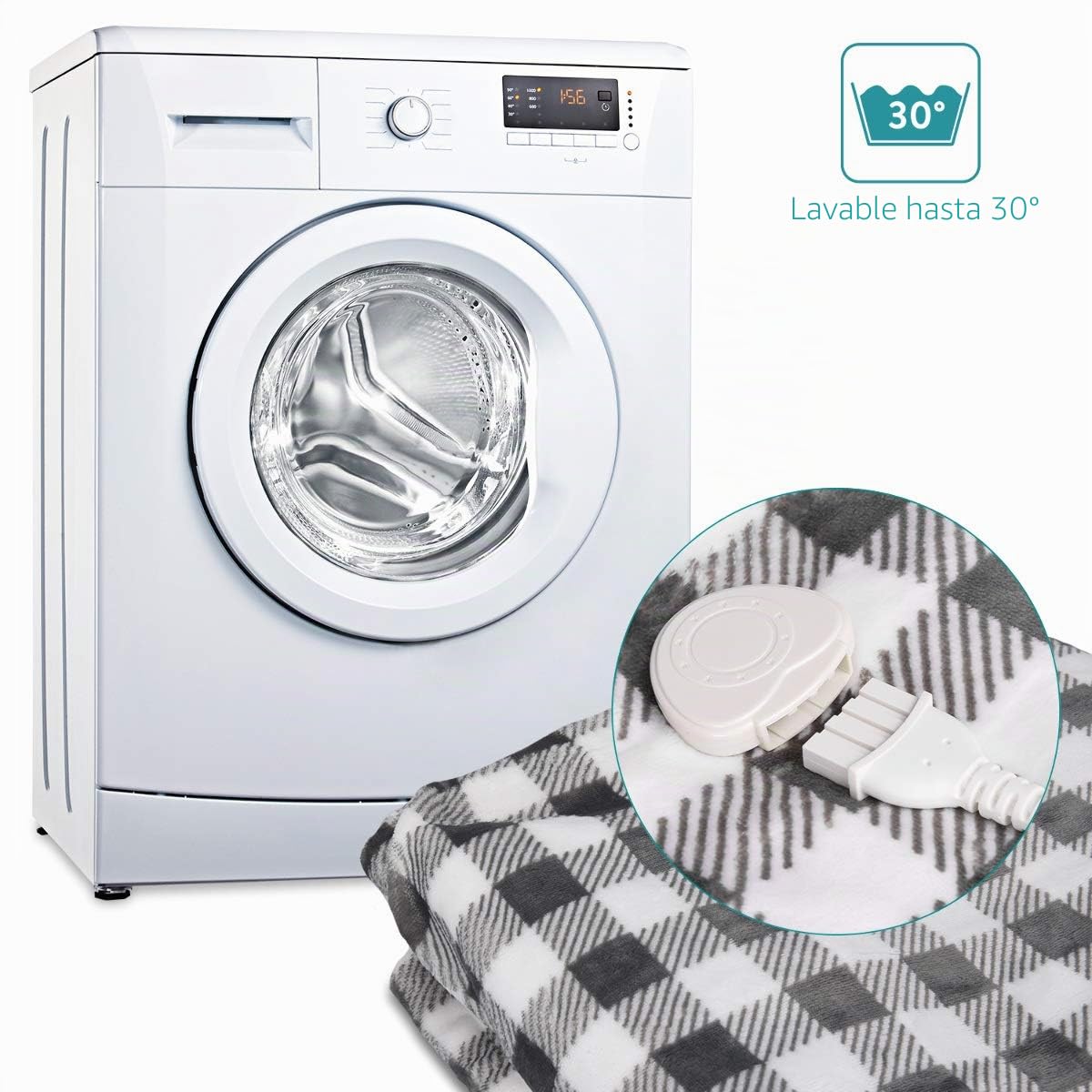 Navaris Manta eléctrica para Hombros Cuello y Brazos - Poncho eléctrico con Forma de U y Mando - Manta térmica Lavable - En Blanco Negro y Gris