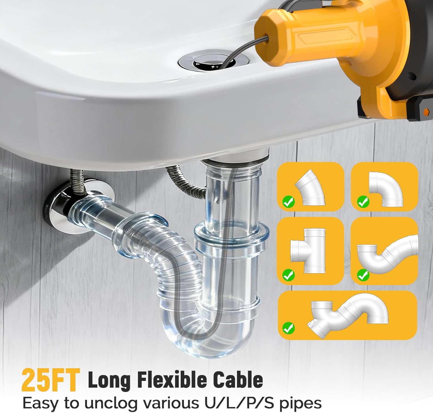 Electric Drain Auger,21V Cordless Drain Snake,25Ft Auto-Feed Snake Drain Hair Removal Tool with 2.0Ah Battery,Sink Snake Drain Cleaner for Sewer,Toilet,Kitchen,Shower 3/4"-2.95" Pipes(Bag&Gloves&Rag）