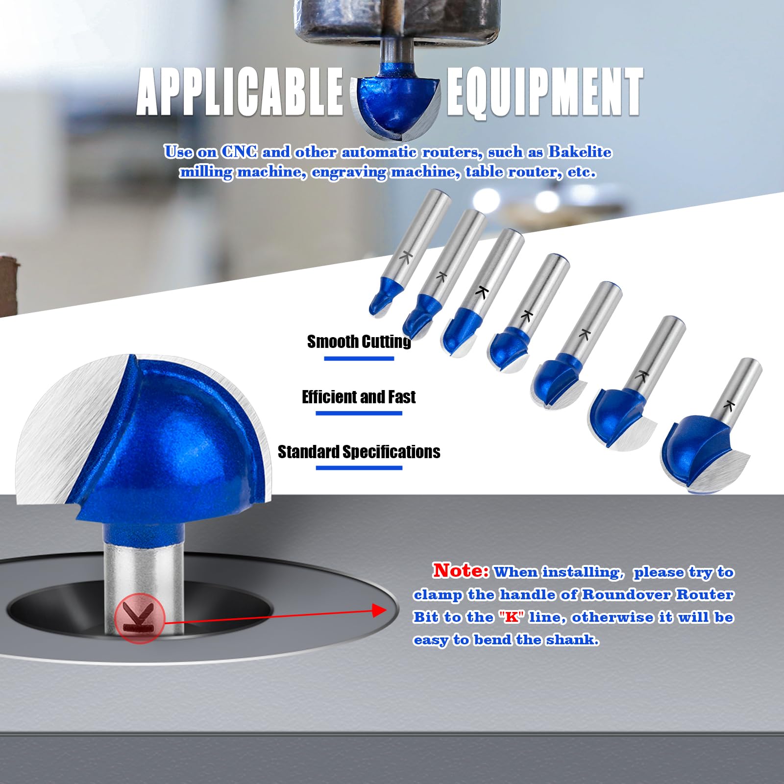 ASNOMY 7Pcs Profesional Fresas de punta redonda para Madera, 6/8/10/12/16/20/25,4 mm Redondo Nose Cove Core Box Router Bit, fresa para madera Set para el Hogar y Bricolaje