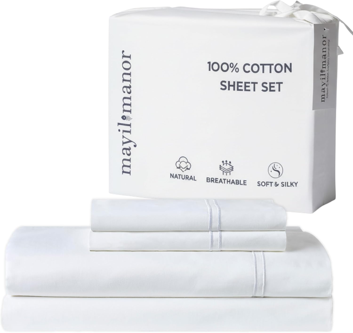 100% Natural Cotton Bed Sheets | 500 TC Single-Ply Sateen Weave Cal King Sheet Set | Soft & Hypoallergenic Solid 4-Piece Bedding with Deep Pocket Fitted, Flat, Pillowcase | Cream Beige - Thumbnail 2