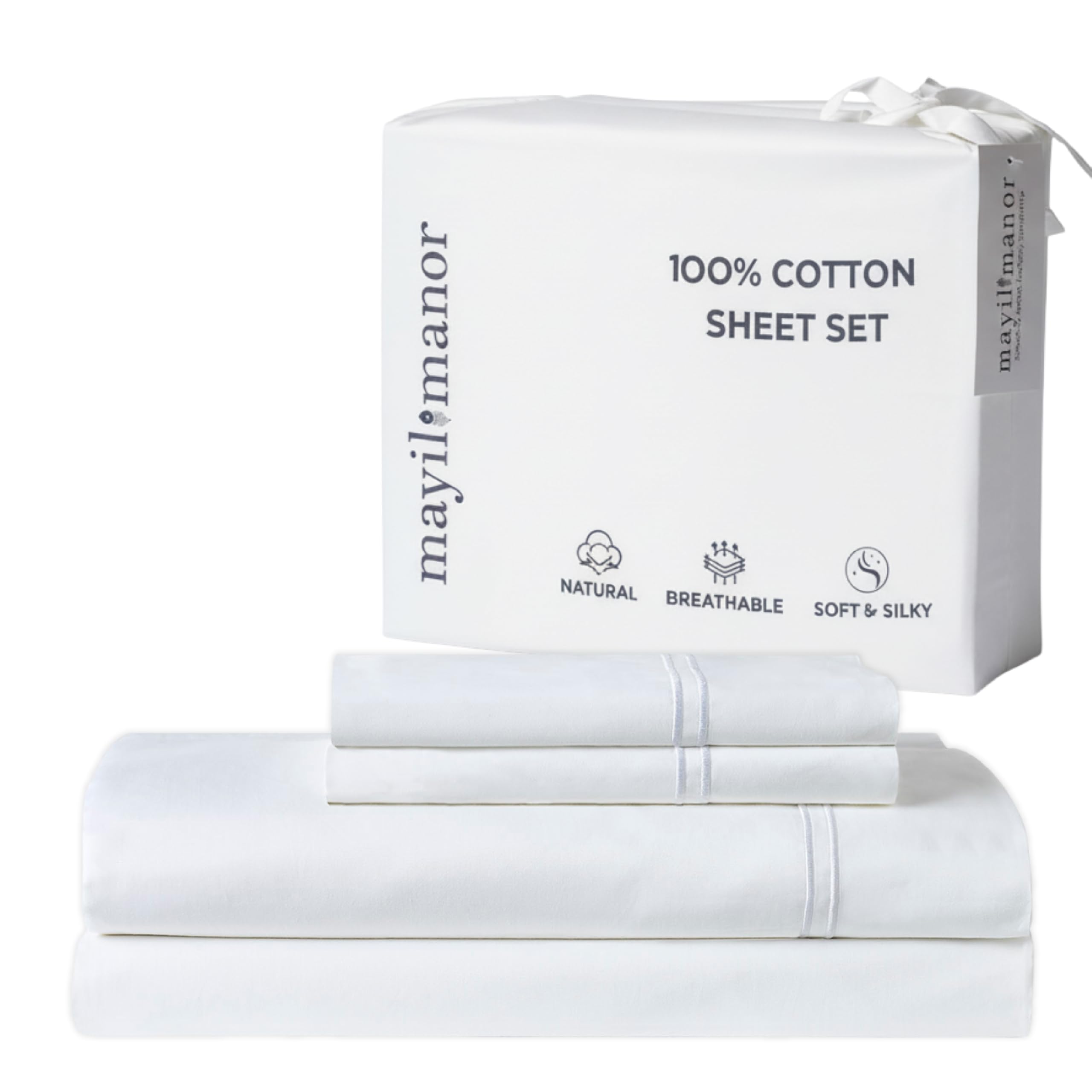 100 Natural Cotton Sheets Queen Size Bed Set 500 TC Single-Ply Sateen Weave Soft Breathable Hypoallergenic Solid 4-Piece