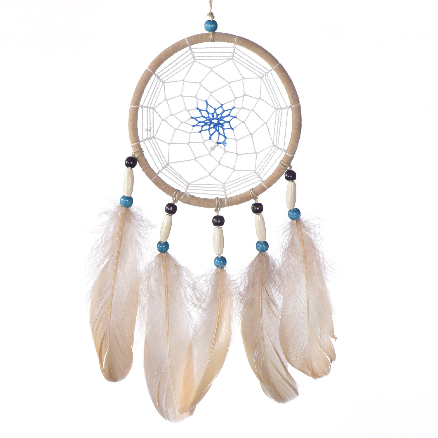 DonDon Attrape-rêves Dreamcatcher avec Perles et Vraies Plumes Châtain Clair Ø 14 cm