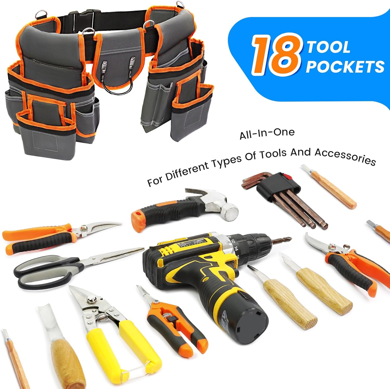 Tool Belt, Professional Tool Belts for Men, Magnetic Tool Pouch With Suspenders, Heavy Duty Detachable Adjustable Utility Belt Work Bags for Electrician, Carpenter (Gray and Orange, 32''-66'')