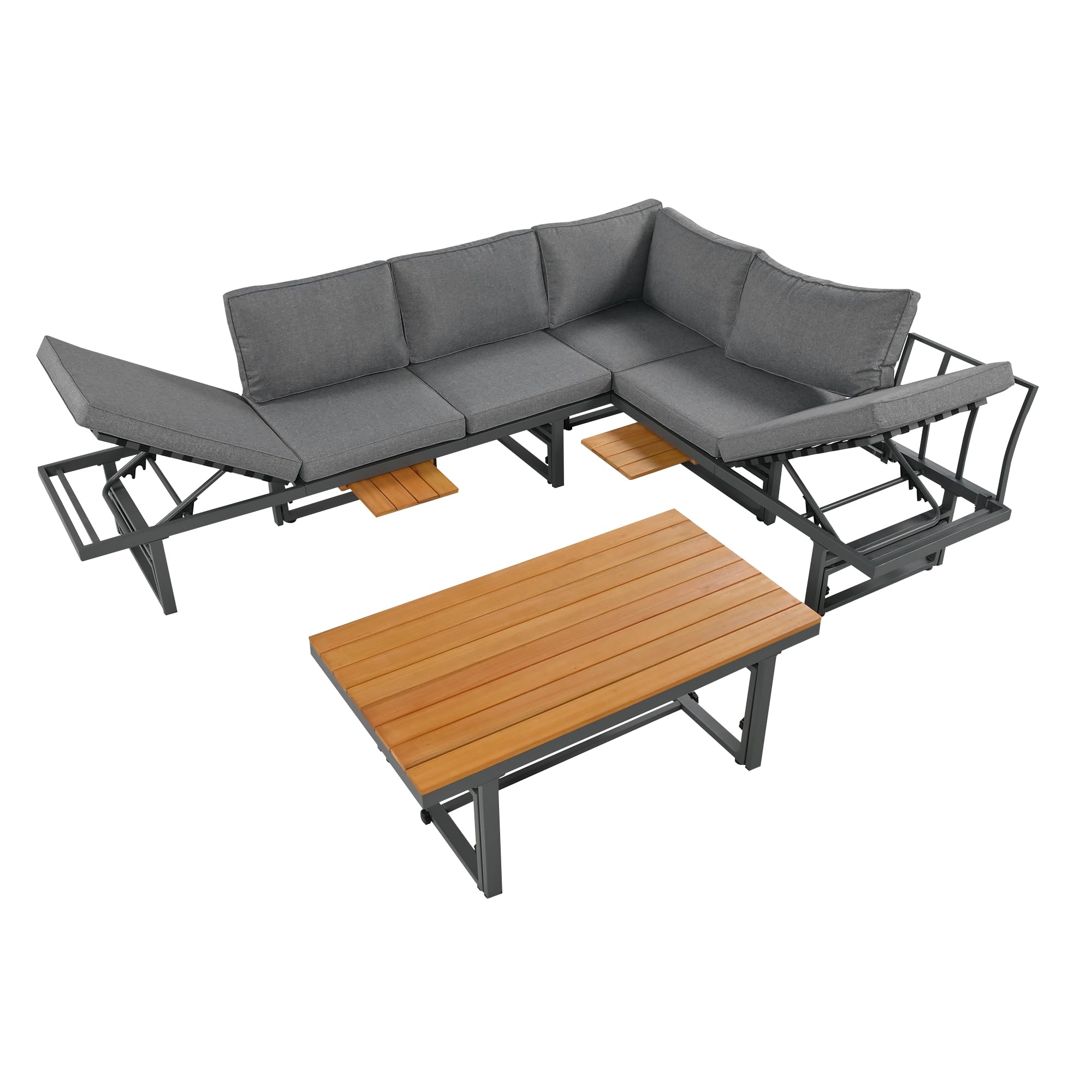 Sapgaks Ensemble de Salon de Jardin extérieur pour 6 Personnes,Structure en Fer thermolaqué, Dossier réglable, Bois d'acacia, Table réglable,Gris