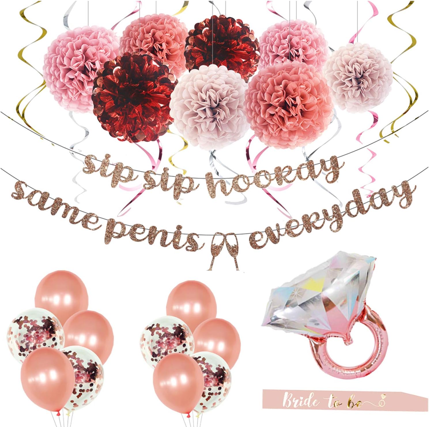 MEYSIMOON Bachelorette Party Decorations Bridal Shower Supplies Rose Gold Kit Ring Balloons,Banner,Swirl,Paper Pom Poms,Bride to Be Sash for Hens Night Party Decoration