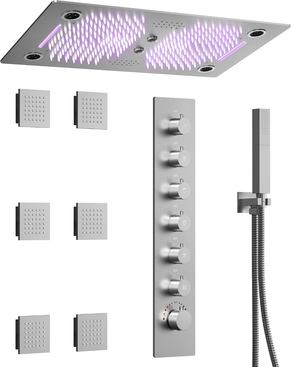 Bathroom LED Shower System: 64 Color LED 27.5 * 16" Four Functions Shower Head with Handheld Sprayer & 6 Body Massage Jets, Ceiling Mount Thermostatic Shower Faucets Set, Brushed Nickel