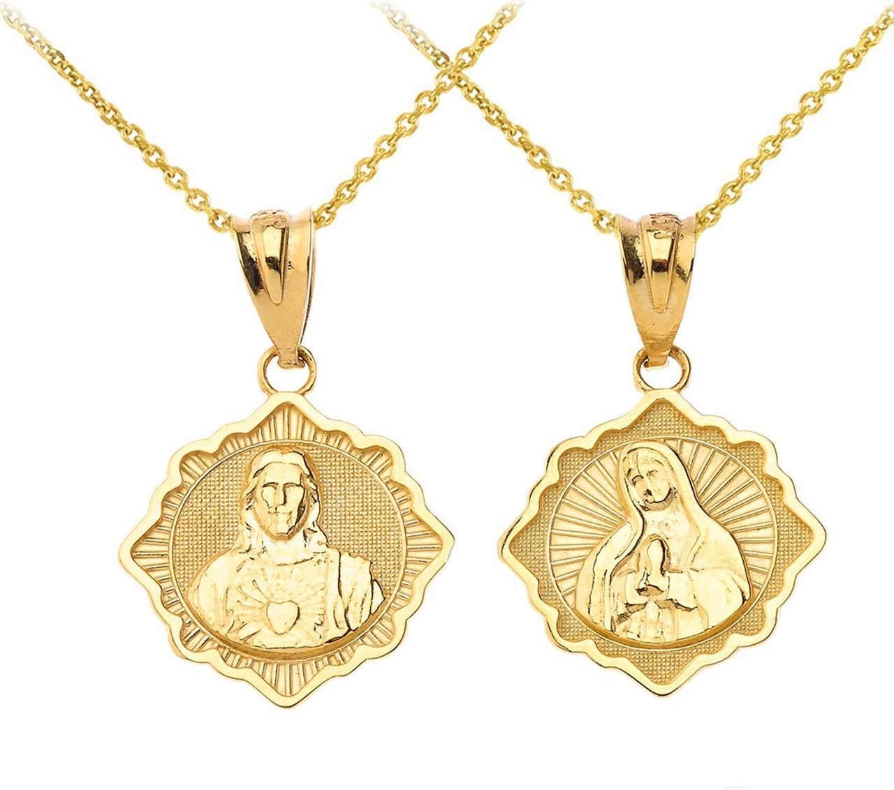 Certified 10k Gold Reversible Immaculate Heart of Mary/Sacred Heart of Jesus Catholic Charm Pendant Necklace