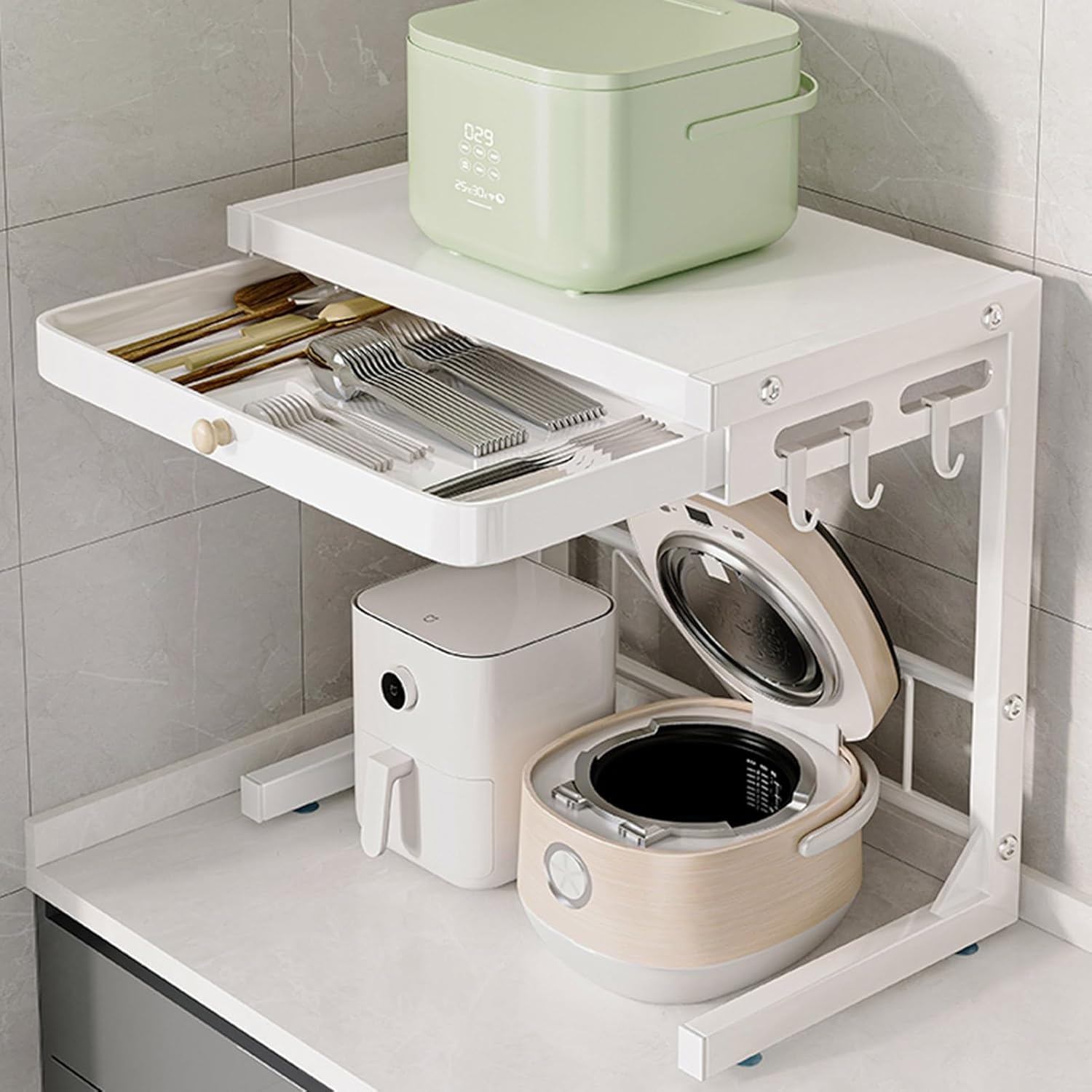 2 Tier Microwave Oven Rack Kitchen Counter Shelf with Storage Drawer and 3 Hooks, Metal Stand Toaster Shelf