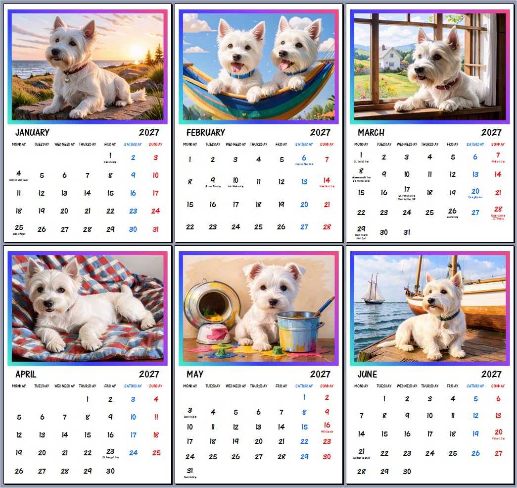 Westie Westhighland White Terrier Dogs 2027 Wall Hanging Calendar A4 Each Month