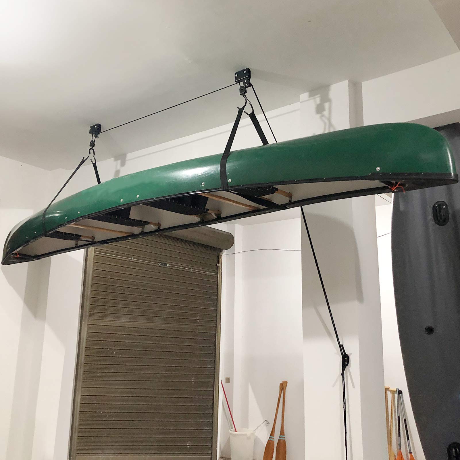 Hoist de Rangement en Kayak, Système de Poulie de au Plafond avec Crochets à Revêtement en Caoutchouc, capacité de Poids de 125 Lb, Facile à Soulever et à Fixer, Matériau en Fer