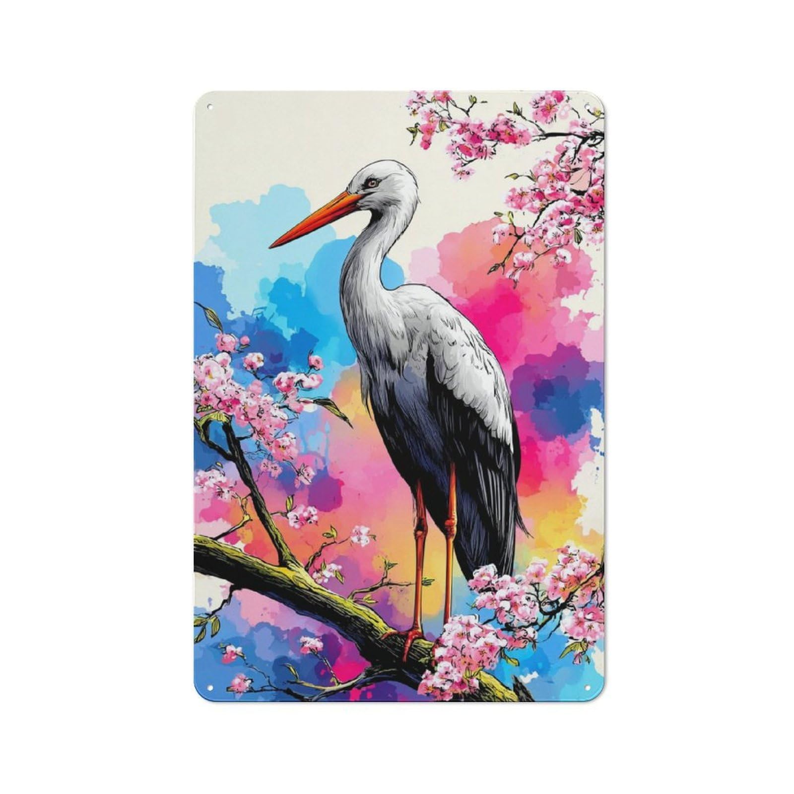 Junmoney Stork Amidst Cherry Blossoms Warehouse Style Tin Wall Sign 30X20cm Featuring Loft Wall Plaque For Loft, Studio, Office Or Creative Room