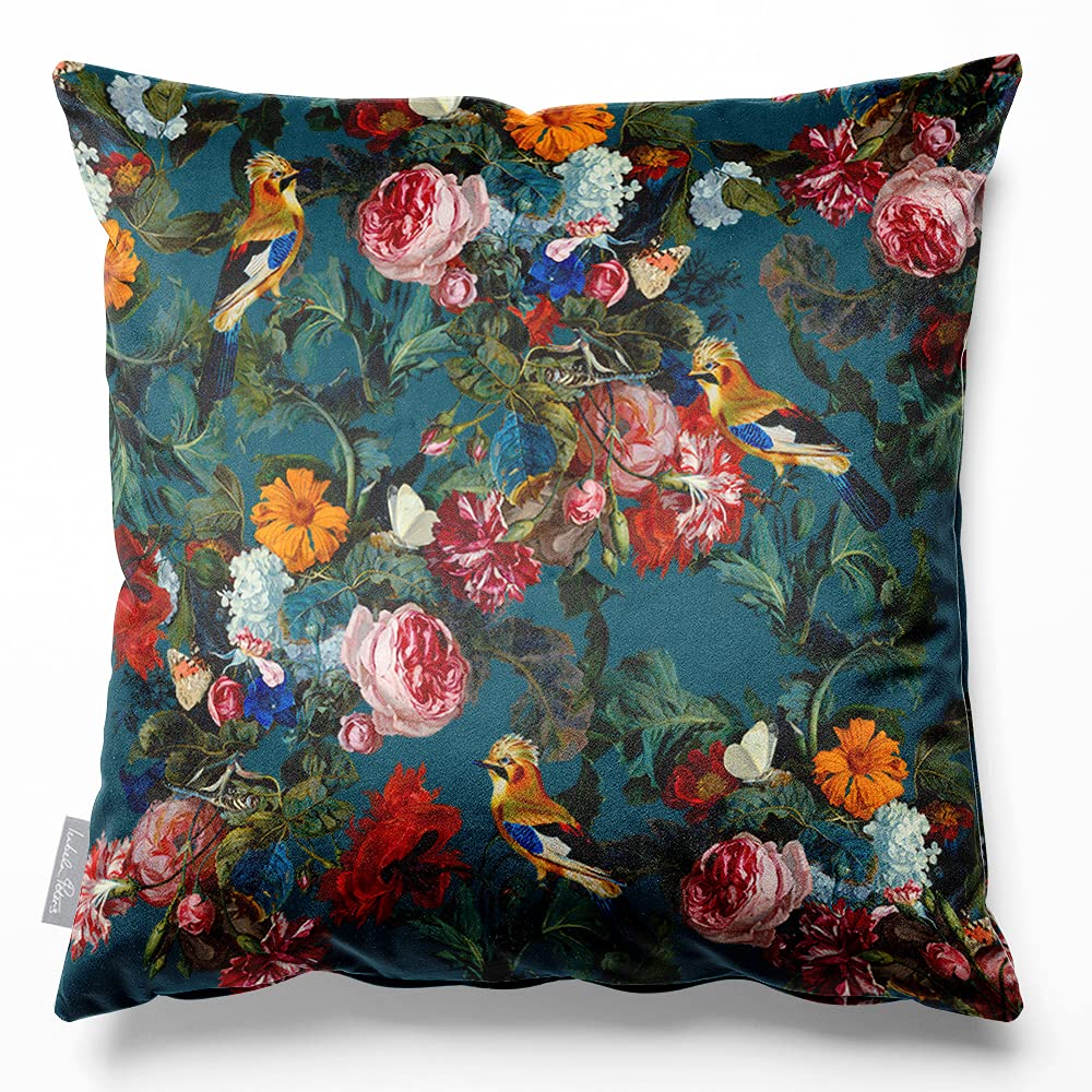 Izabela Peters Teal Filled Cushions With Covers, Eco-Friendly Velvet, 50 Cm, Birds In Paradise - For Chair, Sofa, Seat