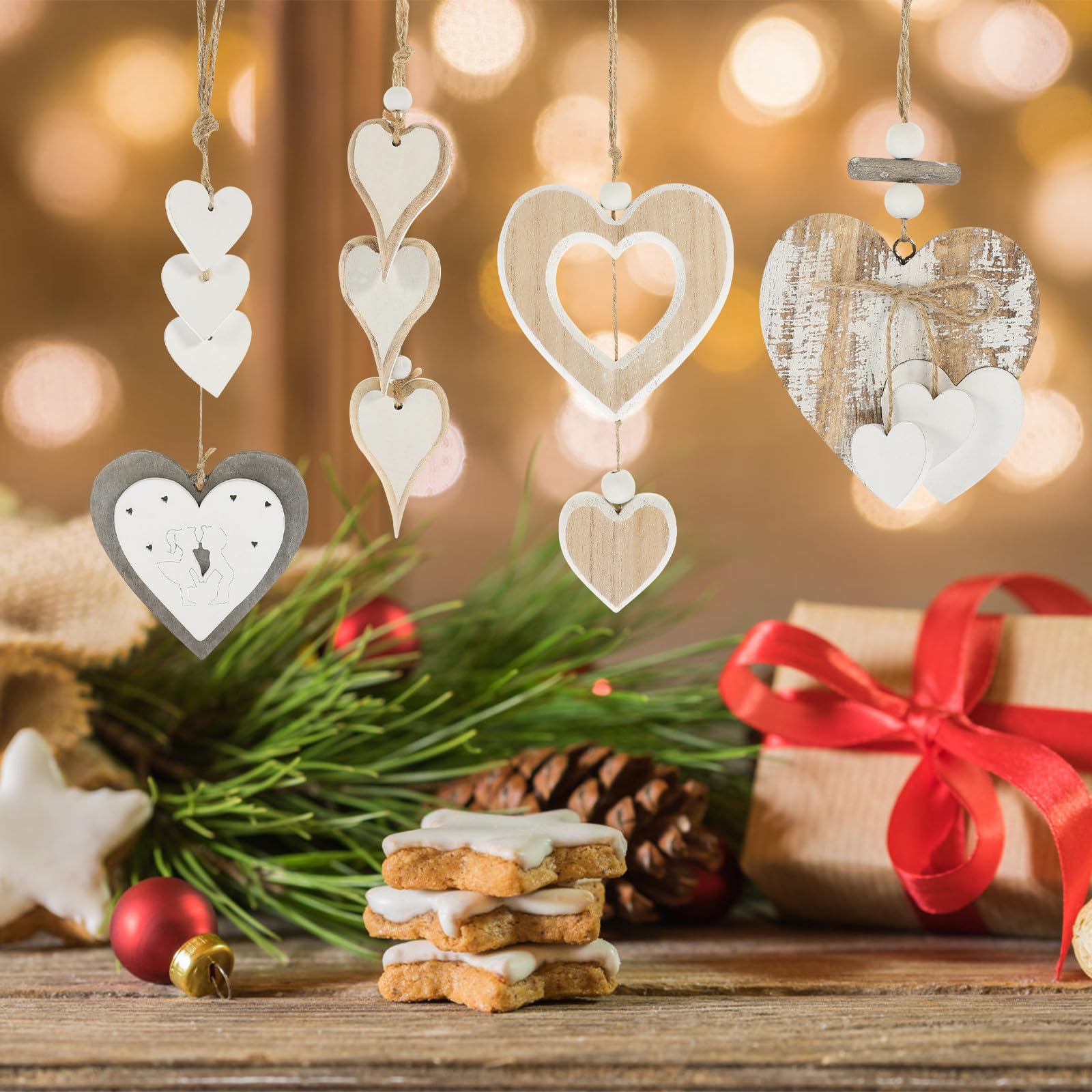 TOYANDONA 3 Sets Herzförmiger Hängeschmuck mit Hanfseil für Festdeko | Sieben Varianten, Valentinstag und Weihnachten, Geeignet für Decke und Abschlussfeiern, Natürliches Holz