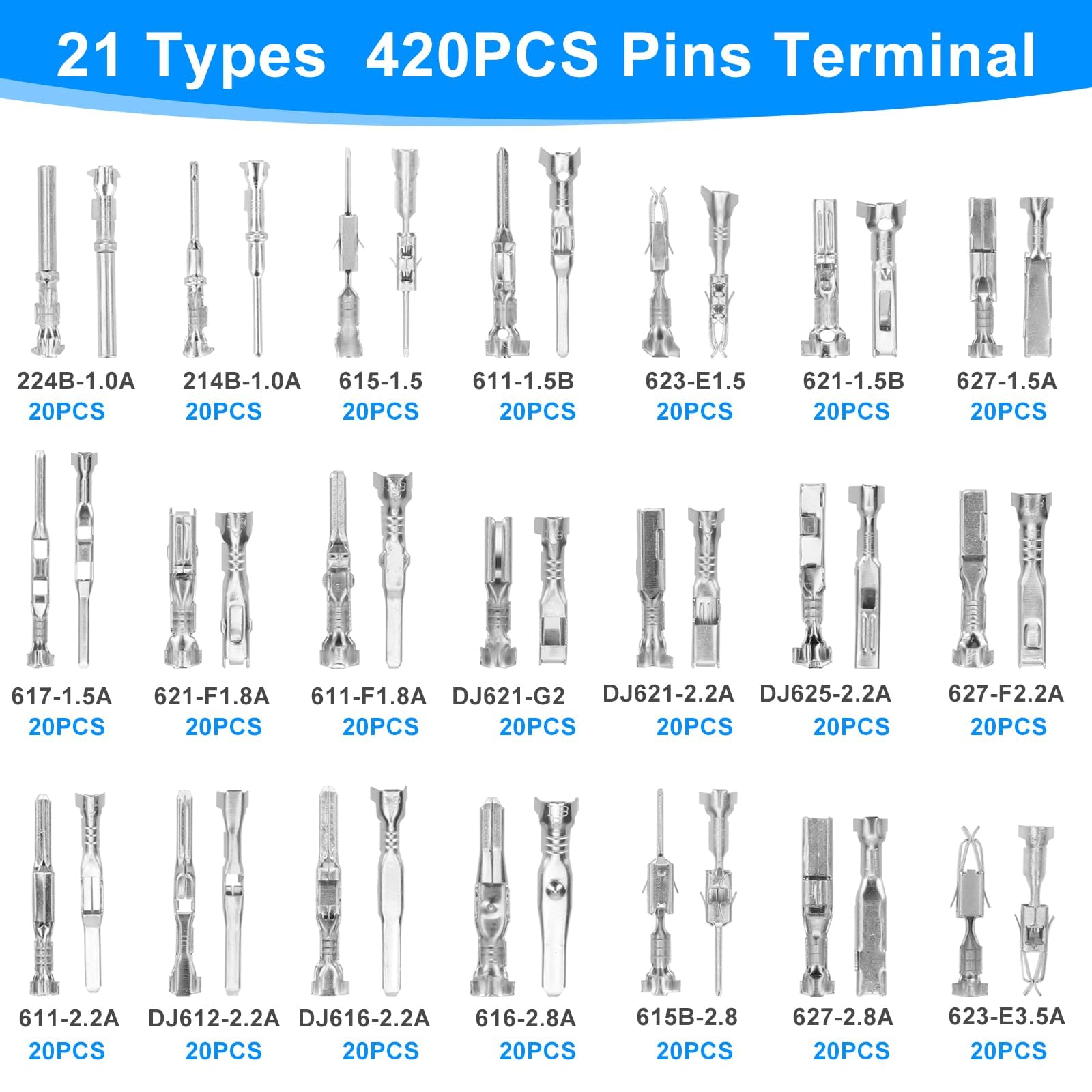 Linkstyle Kit de 420 broches de connecteur - 21 types de bornes de fil électrique automobile - 1/1,5/1,8/2,2/2,8/3,5 mm - Prise non isolée mâle et femelle - Connecteurs de fils avec outil d'extraction