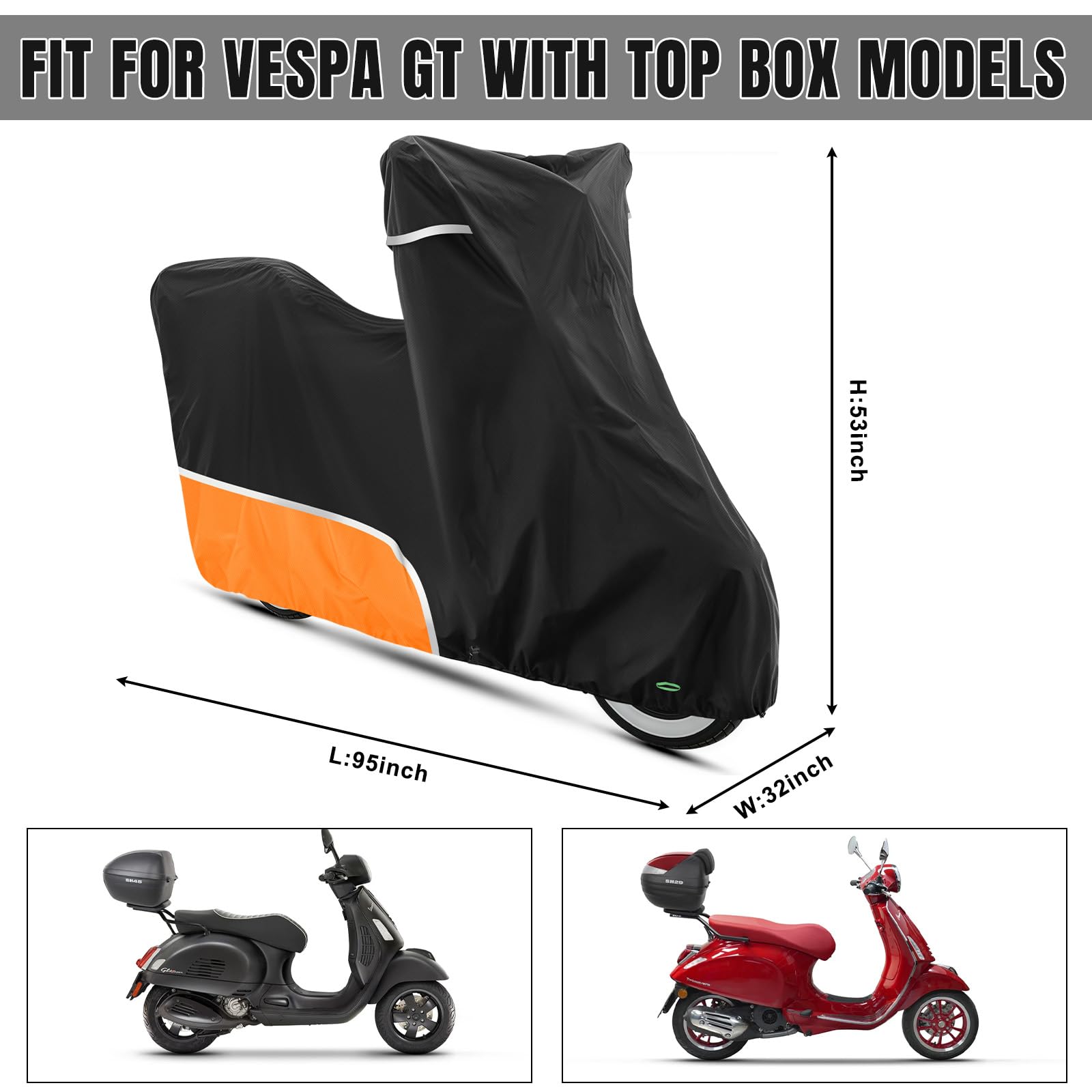 kompatybilny z motocyklami Piaggio Vespa GTS 300 HPE/Classic 300/310 / SuperSport 300 / GTV 300,Pokrowiec(z bagażnikiem), wodoodporny 420D, z osłoną ochronną (Pomarańczowy)