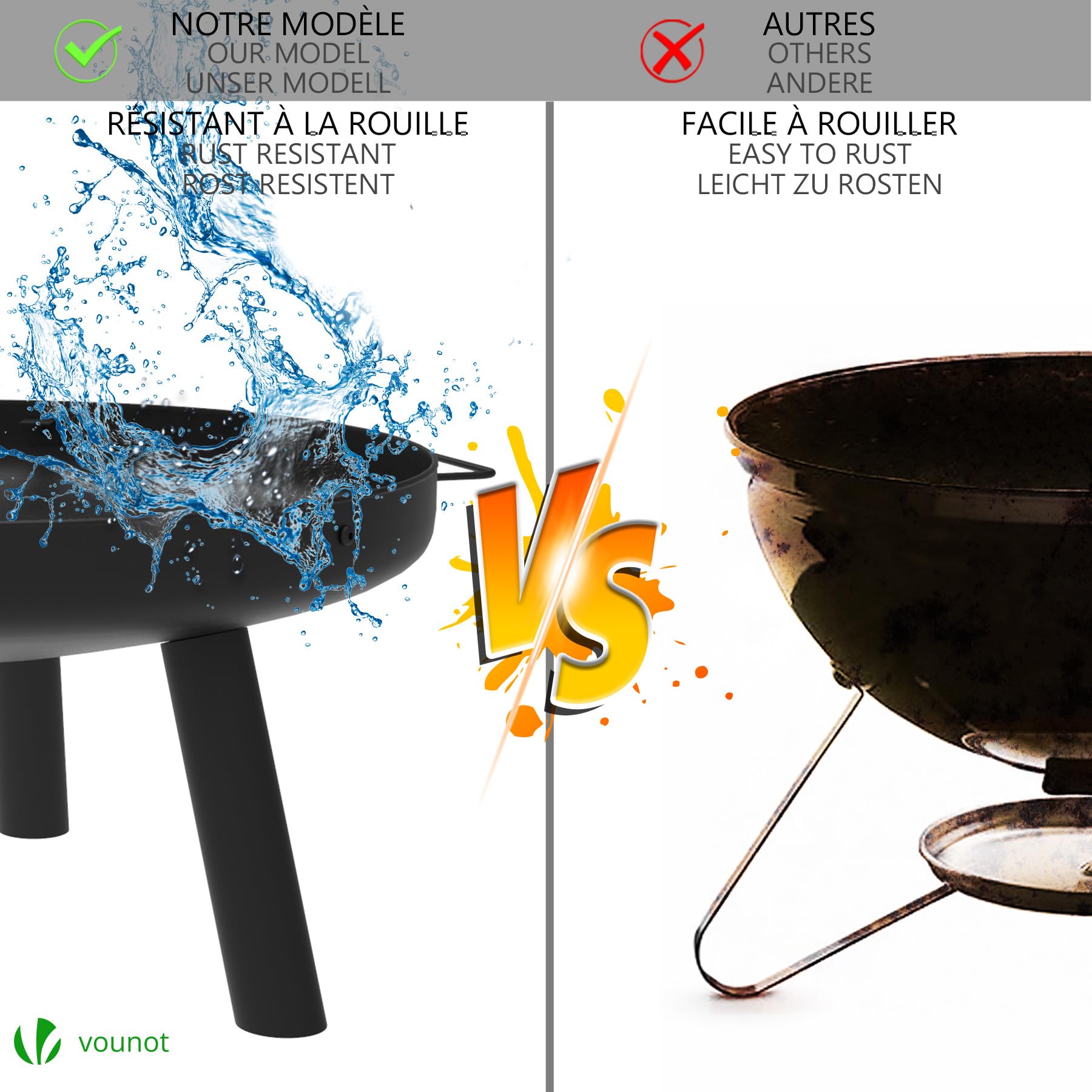 VOUNOT Braciere da Giardino Ø60 cm Metallo con Griglia e Attizzatoio, Rotondo a Legna, Nero