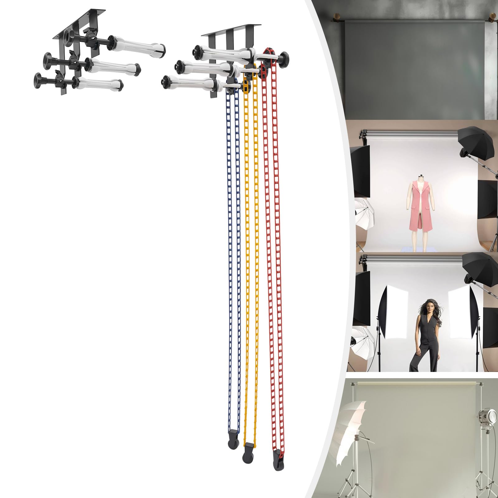 Sistema A 3 Rulli Per Sfondi Fotografici, Montaggio A Parete/soffitto, Manuale, Con Catene E Pesi, Per Studio E Home Studio
