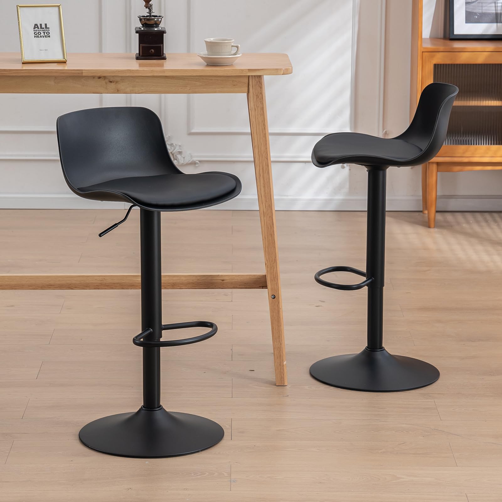 Black Bar Stools with Backs Swivel Bar Chairs Set of 2 Counter Height Metal Adjustable Barstools Modern Breakfast PU Leather Padded Bar Chair for Kitchen Island
