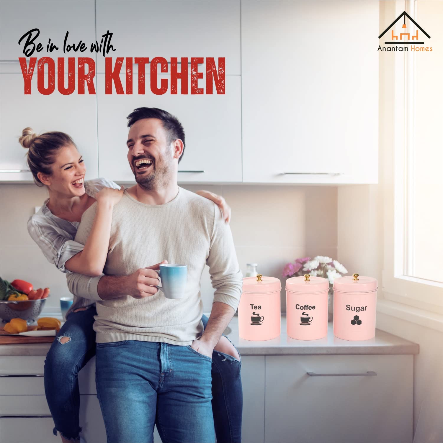 anantam homes Tarro de acero inoxidable | Contenedor | Juego de recipientes para té, café y azúcar | Juego de 3 recipientes para té, café y azúcar | 800 ml cada uno (TCS-rosa claro)